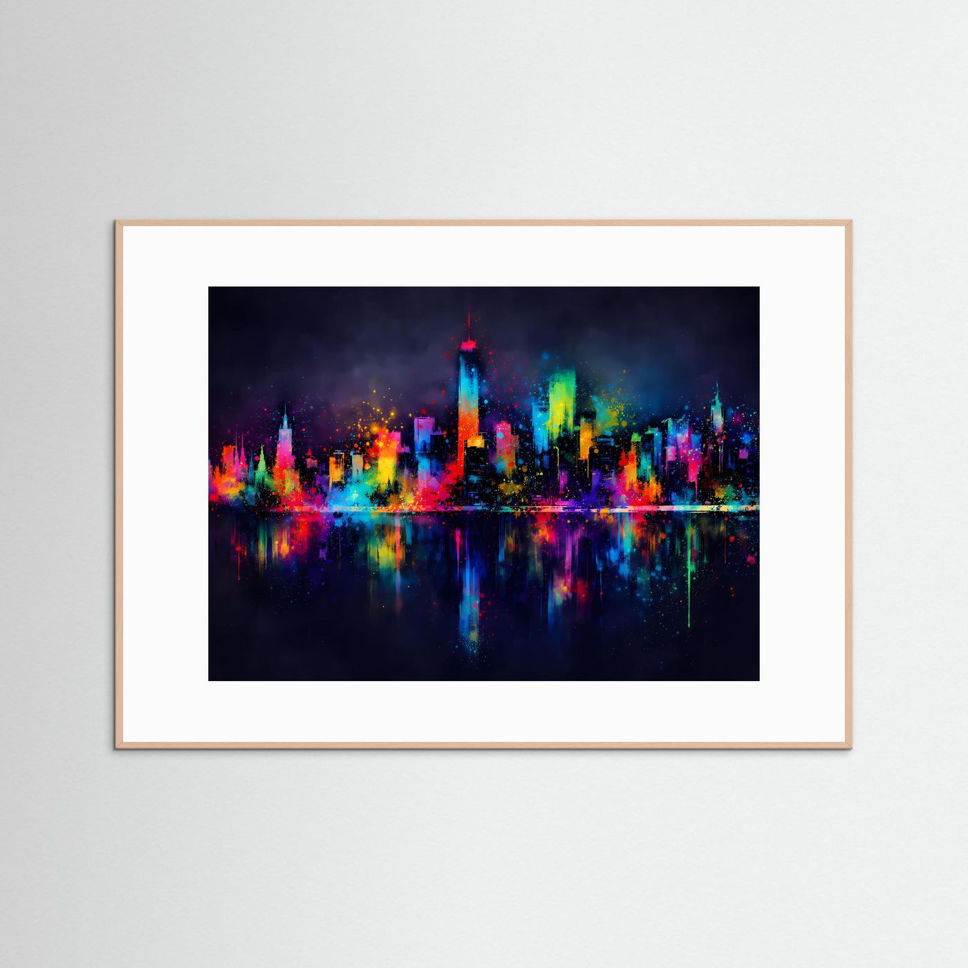 Gerahmter Skyline-Kunstdruck mit bunter Nachtstadt und Spiegelung, naturfarbener Rahmen