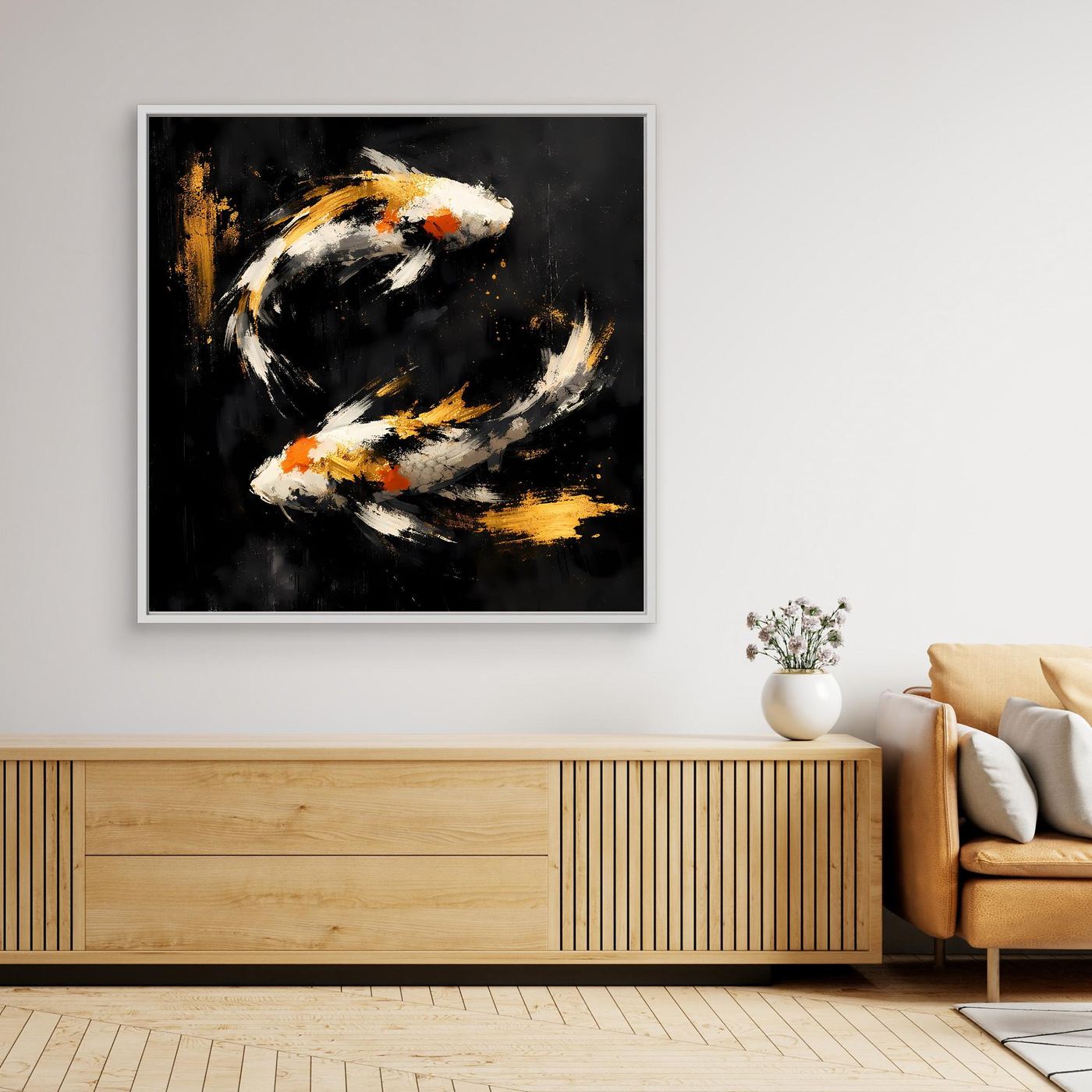 Leinwand Abstrakte Koi-Fische in Gold und Orange | Modernes Yin Yang Wandbild