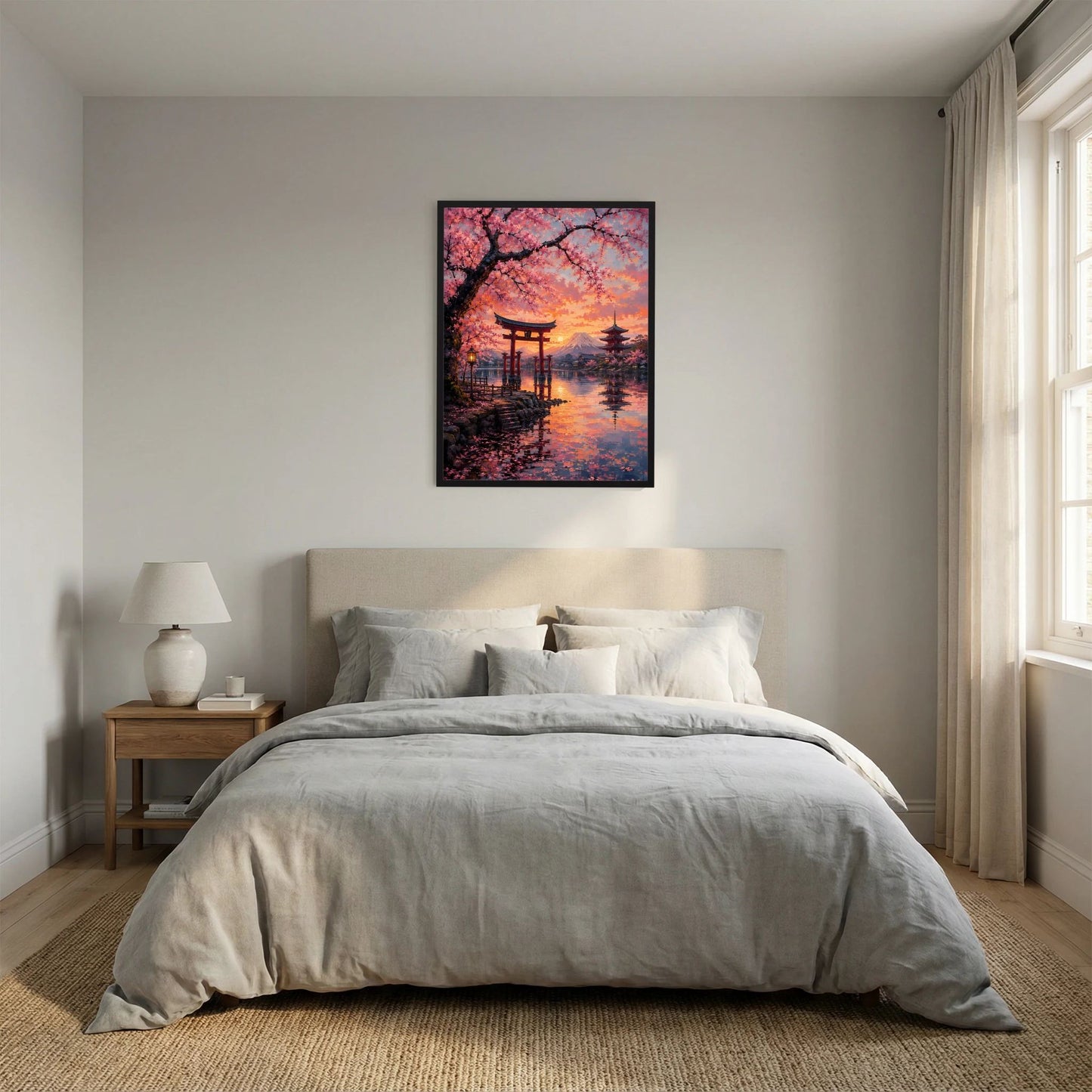 Schwarz gerahmtes hochformatiges Poster mit Torii, Kirschblüten und Fuji im Sonnenuntergang