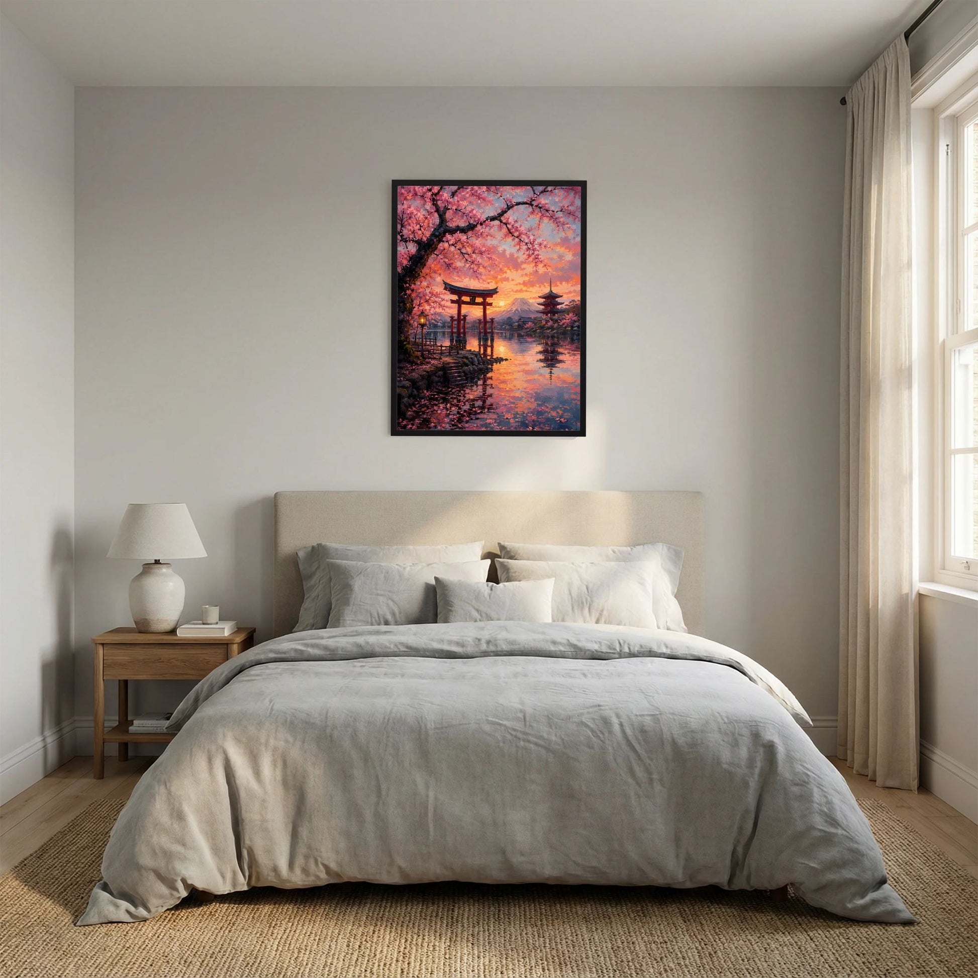 Schwarz gerahmtes hochformatiges Poster mit Torii, Kirschblüten und Fuji im Sonnenuntergang