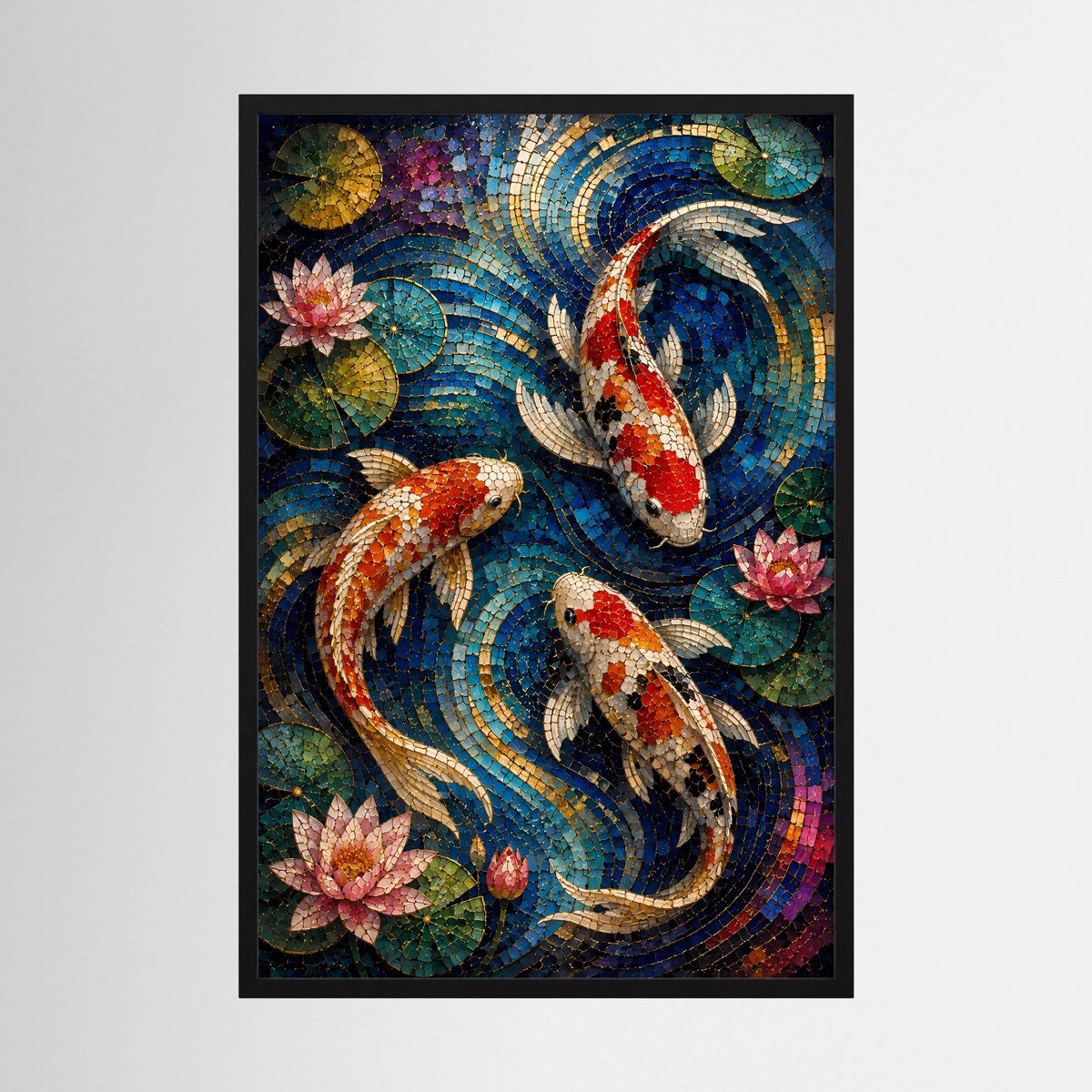 Koi Fische im Seerosenteich | Japanisches Mosaik in Blau & Gold | Poster Hochformat