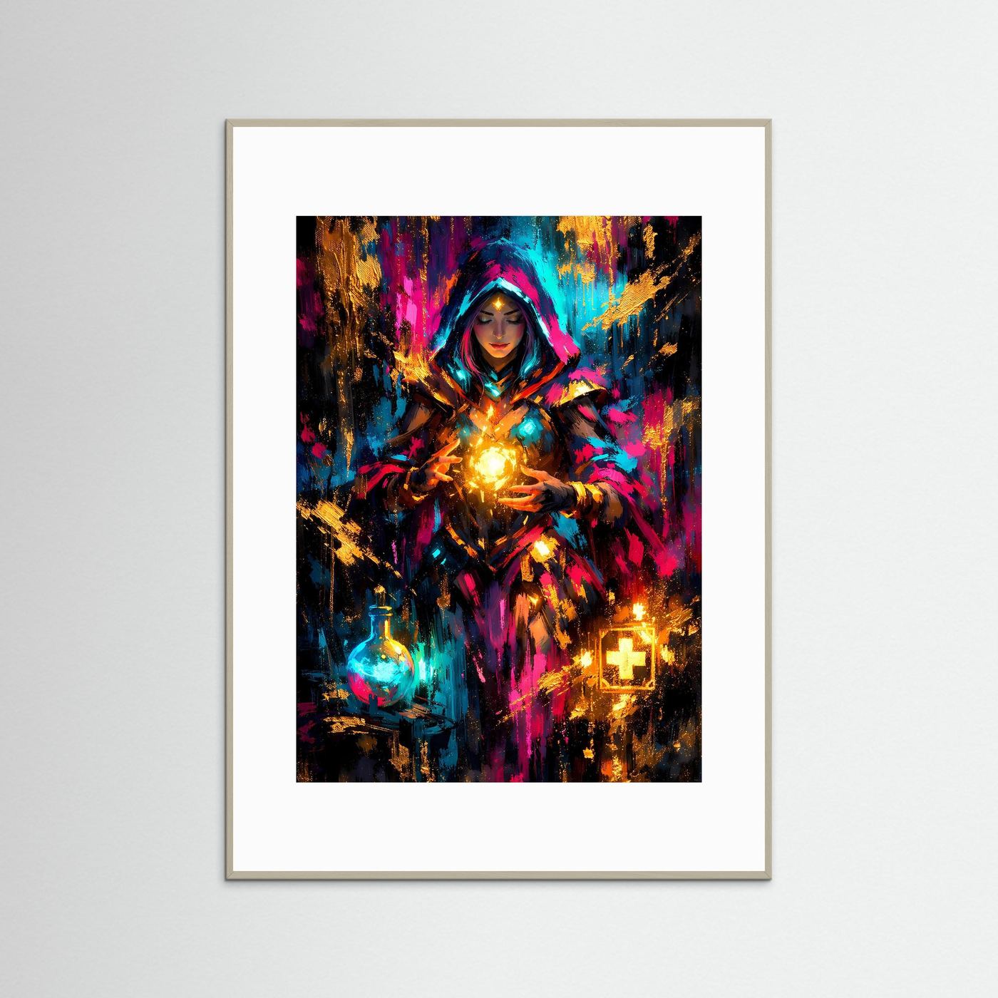 Gerahmtes Poster: Zauberin in abstrakter Fantasy, Teal, Pink, Gold, hellgrauer Rahmen