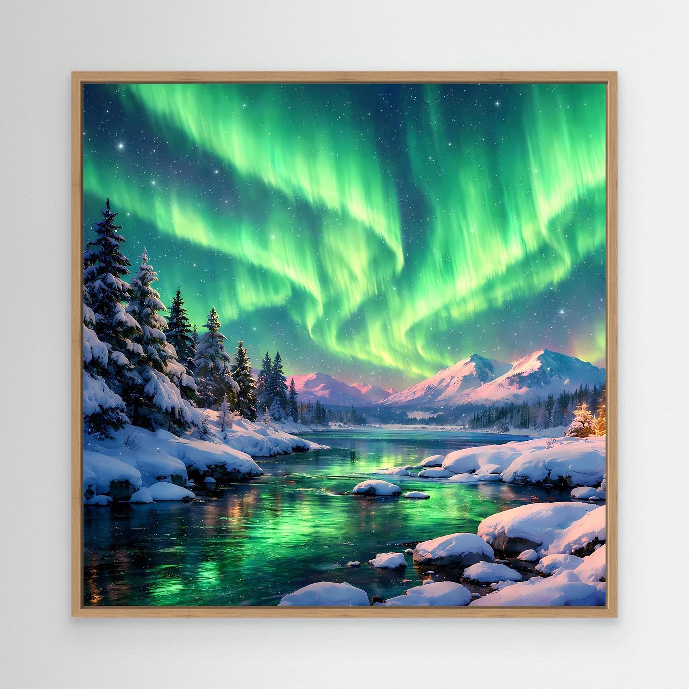 Leinwandbild Magische Polarlichter | Winterliche Polarlicht-Nacht Wandbild auf echtem Holzkeilrahmen