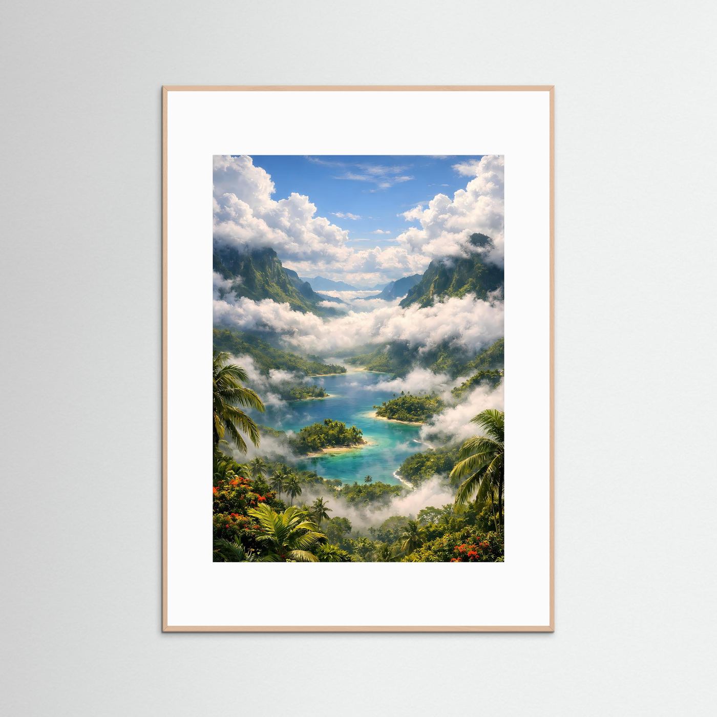Gerahmtes Tropen-Fjordposter mit Palmen, türkisfarbenem Wasser und Wolkenmeer; rosafarbenes Holz
