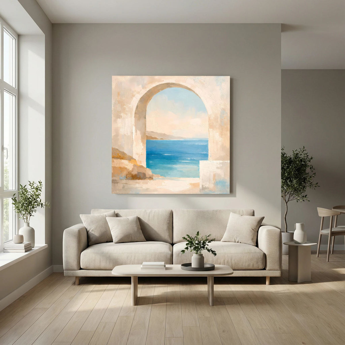 Leinwandbild mit mediterranem Torbogen über ruhigem Meer in Blau- und Sandtönen