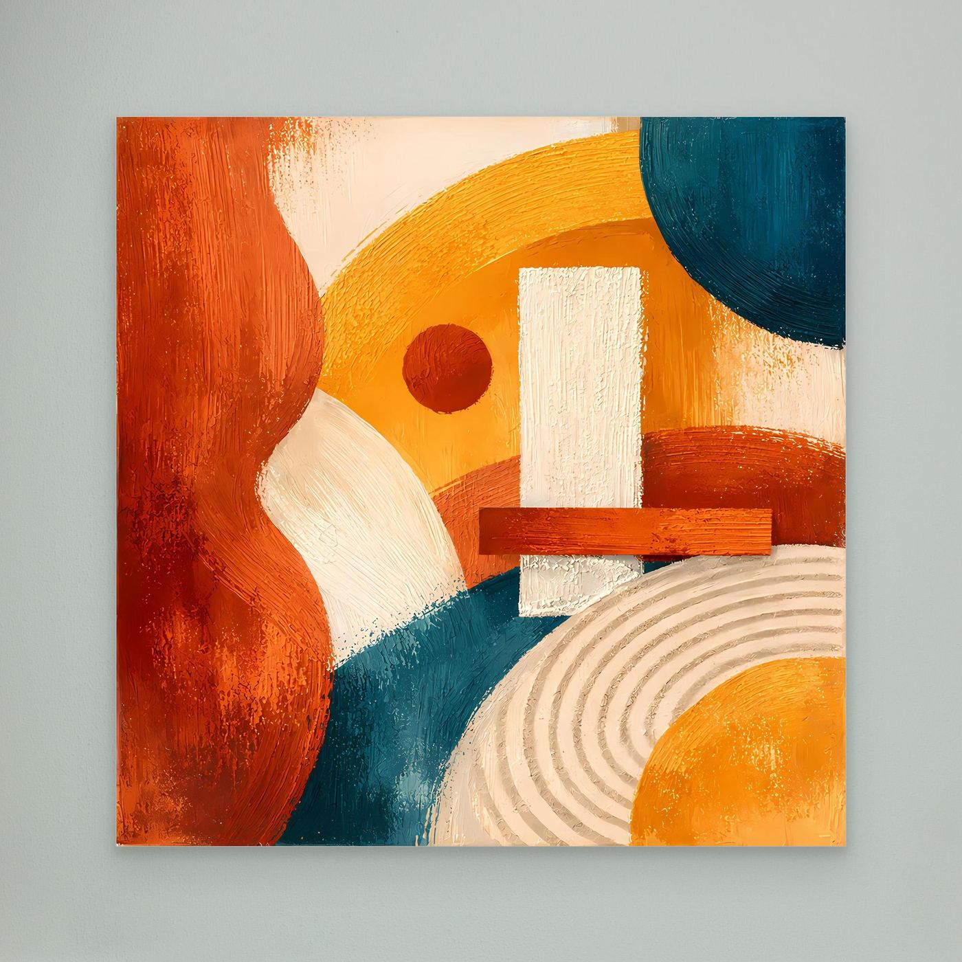 Geometrisches Abstrakt-Leinwandbild ohne Rahmen, Terrakotta, Blau, Gelb und Weiß