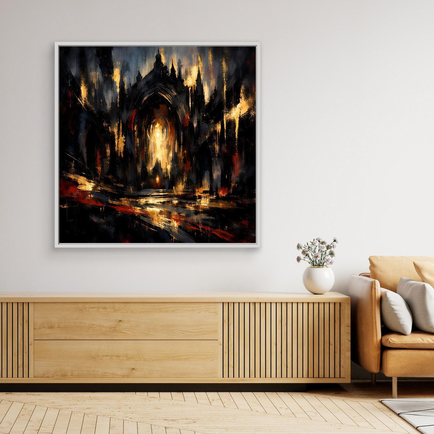 Leinwandbild mit abstrakter gotischer Kathedrale, dunkel mit goldenen Akzenten, weißer Rahmen