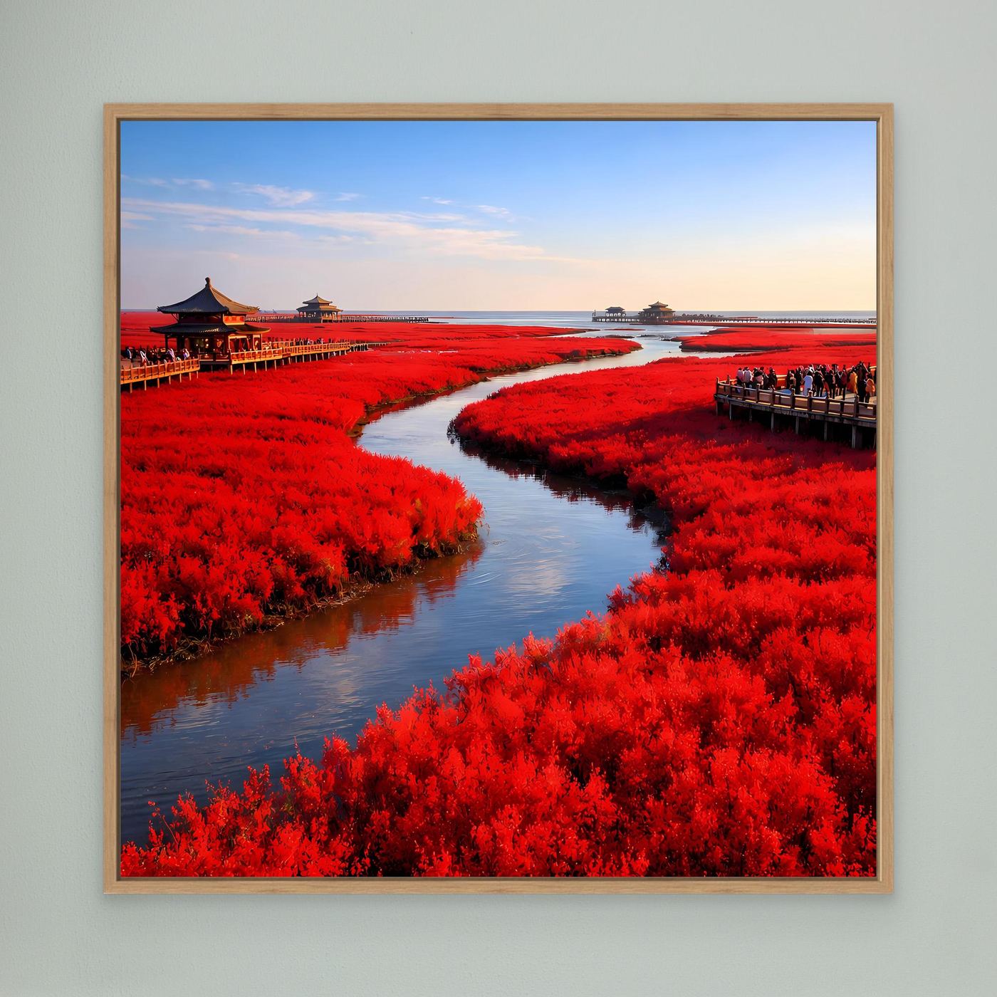 Leinwandbild mit Eichenrahmen: roter Fluss zwischen roter Vegetation, Stege und Pagode