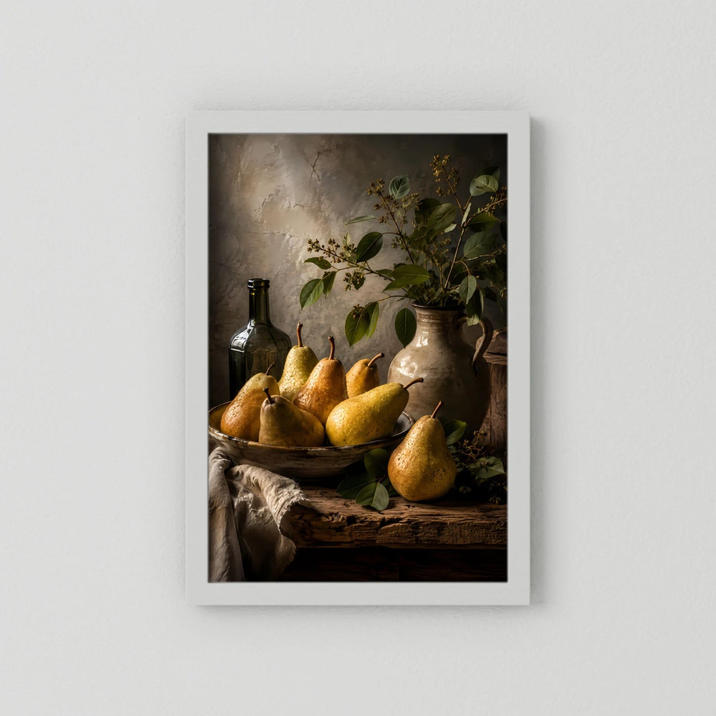 Poster mit goldenen Birnen, Holzschale und Vase mit Zweigen, weiß gerahmt