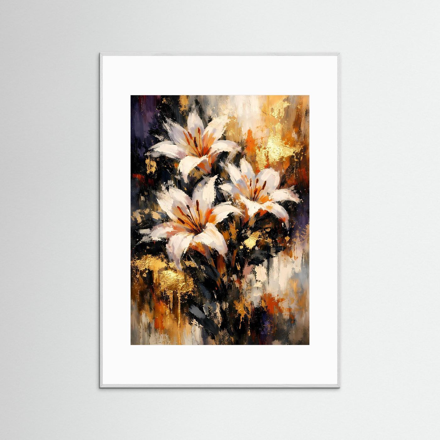Kunstposter mit abstraktem Blumenmotiv, weiße Lilien und Goldakzente, weißer Rahmen