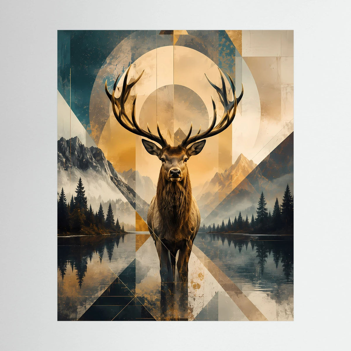Hochformat-Poster mit goldenem Hirschkopf und geometrischer Berglandschaft