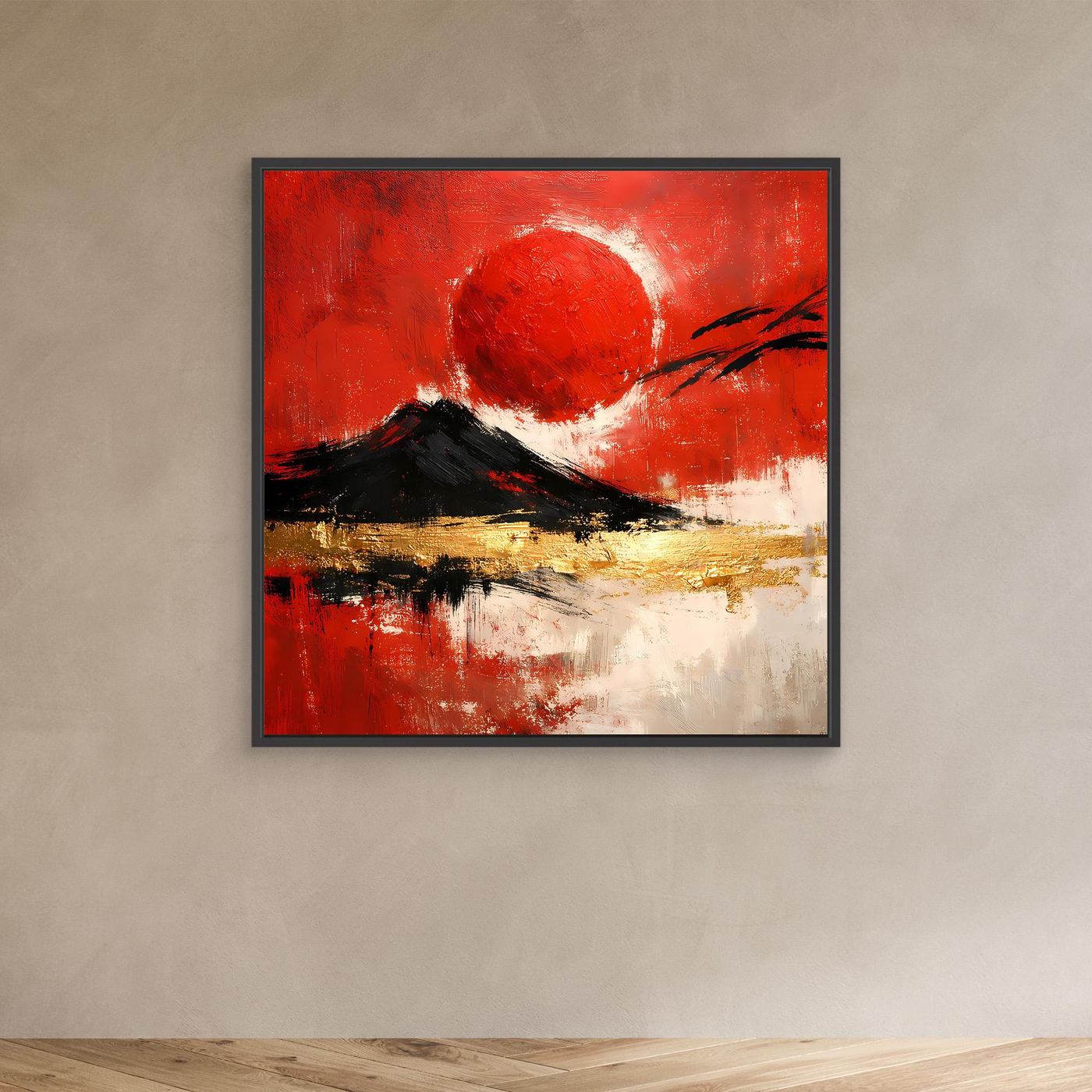 Leinwand Abstraktes Japan Wandbild in Rot und Gold | Modernes Fuji & Rote Sonne Gemälde
