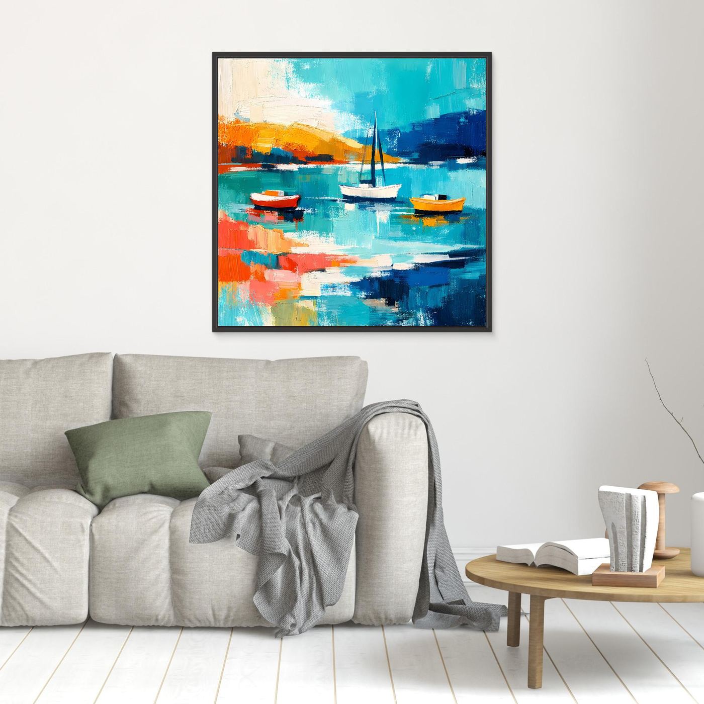 Small dark-framed abstract sailboat wall art with teal water and orange boats, centered