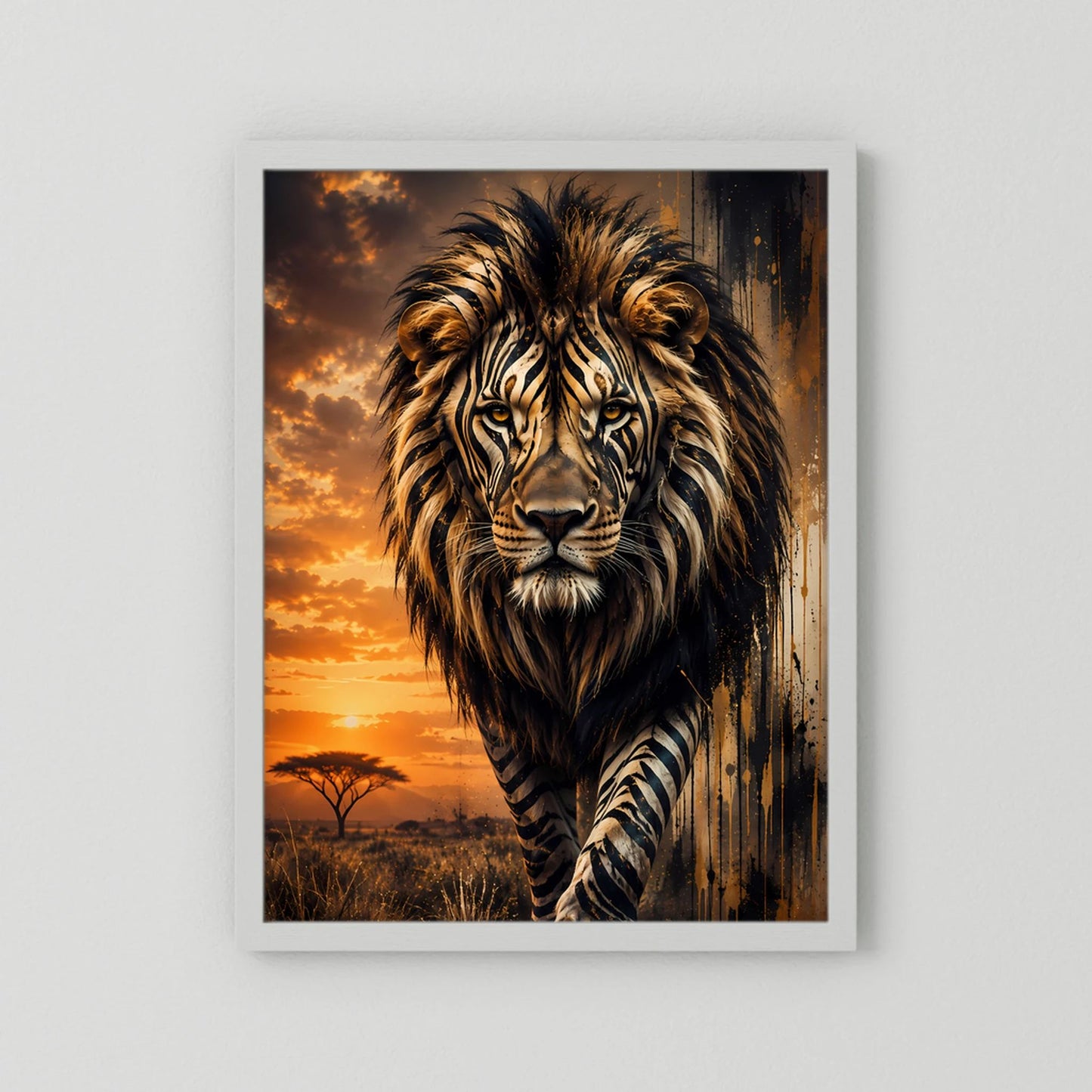 Löwenposter im Hochformat mit weißem Rahmen: Löwe mit Zebramuster