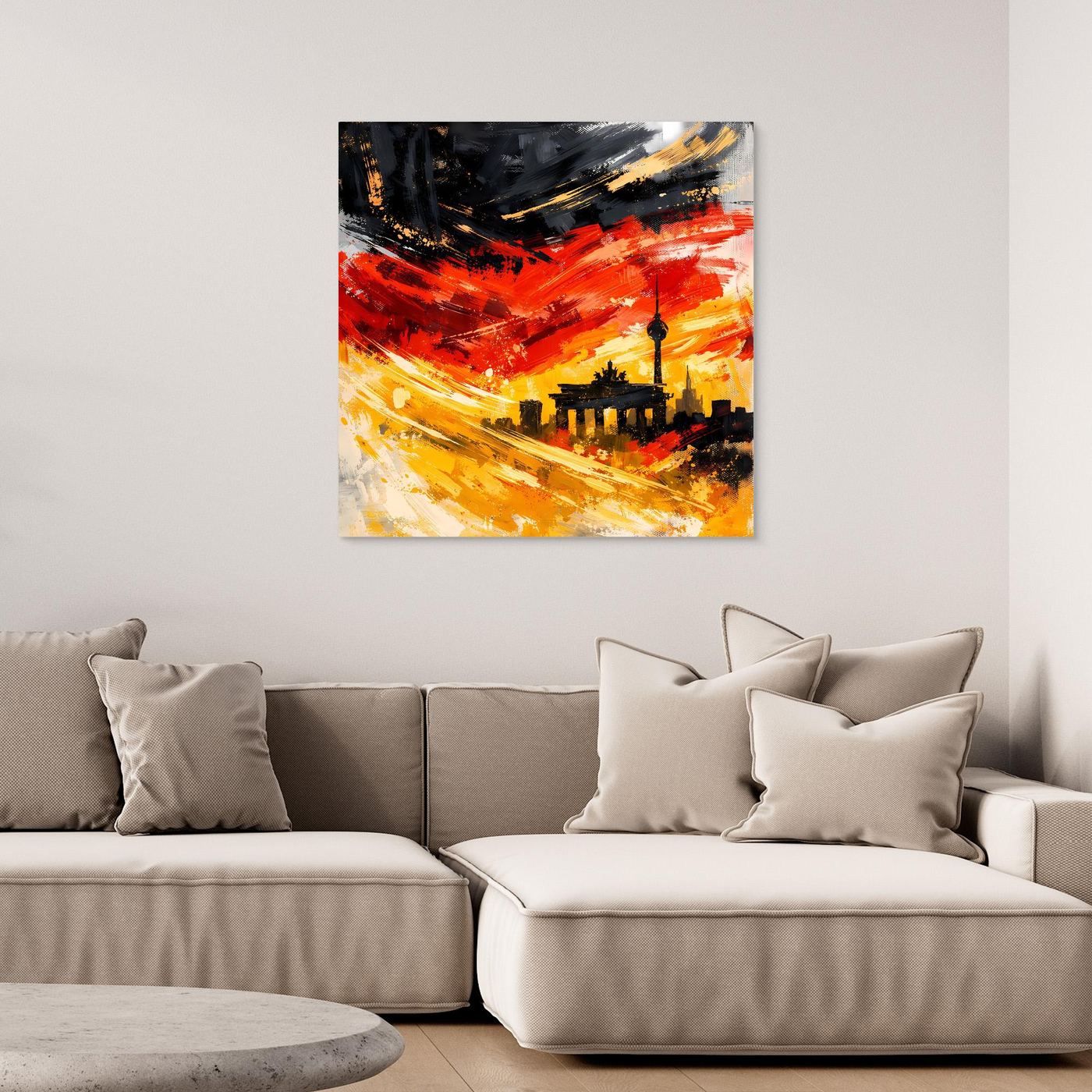 Abstraktes Leinwandbild mit Skyline, roten und gelben Pinselstrichen, schwarzem Wahrzeichen