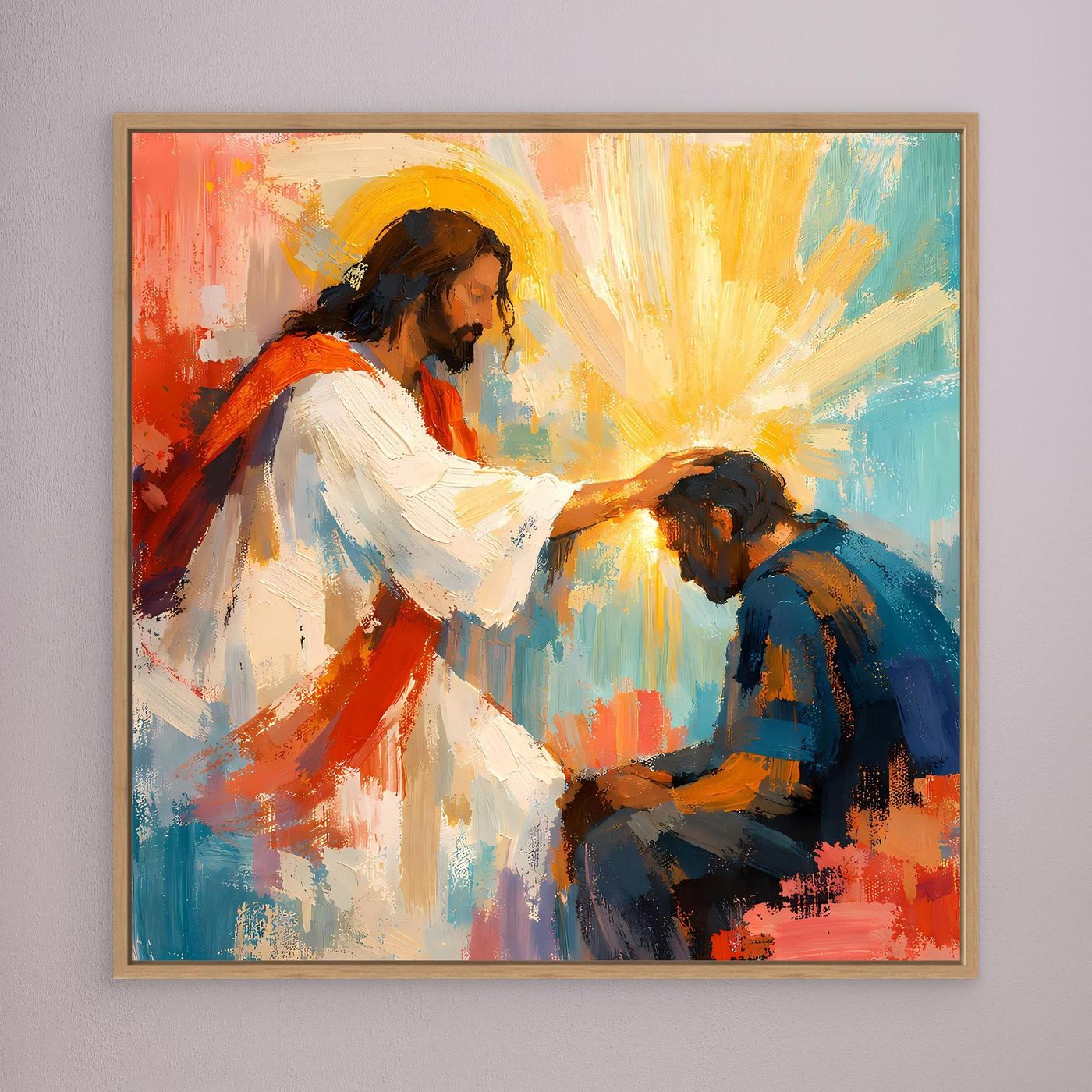 Oak-framed abstract canvas wall art: Jesus blessing a kneeling man