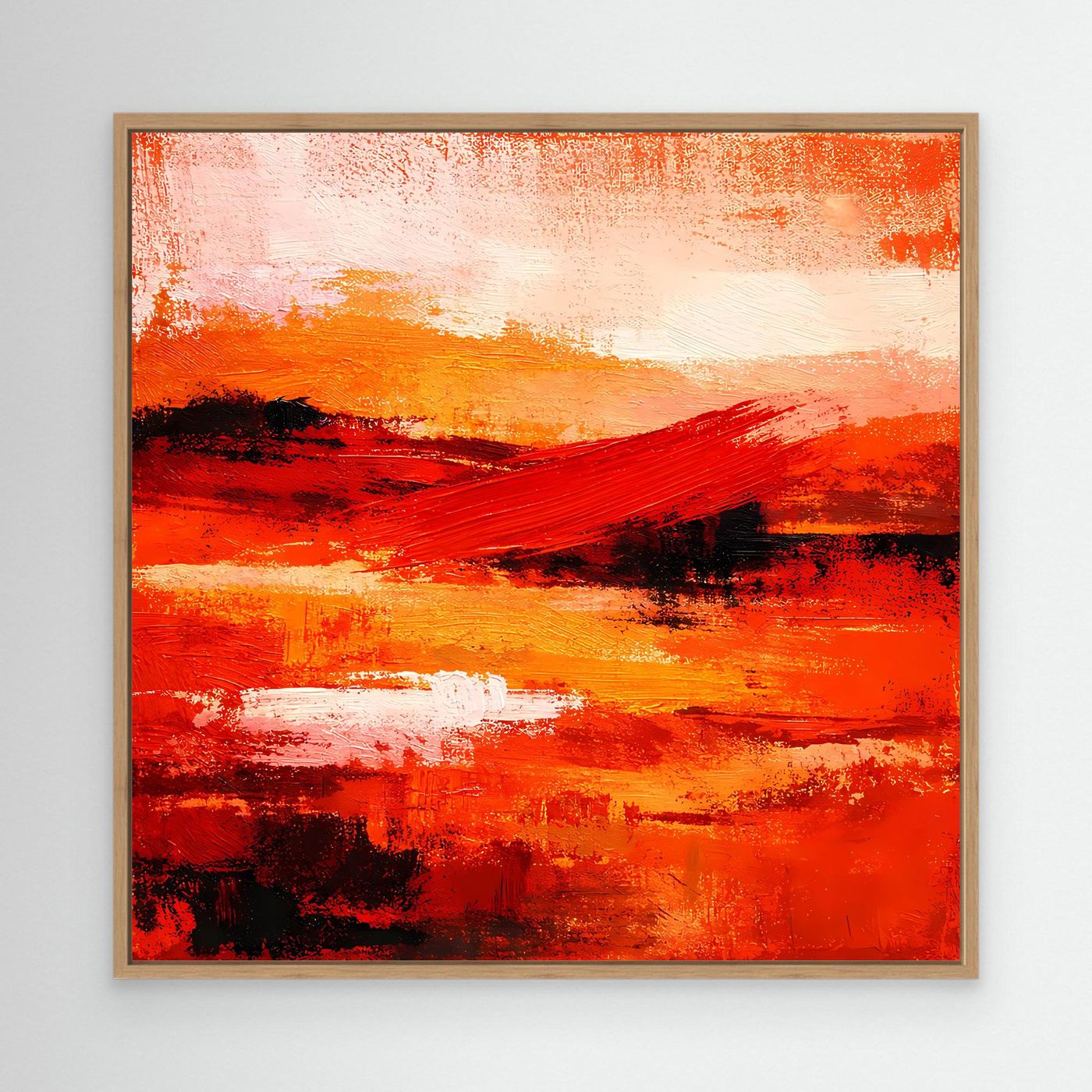 Abstraktes Leinwand-Wandbild mit roten und orangefarbenen Farbfeldern, heller Holzrahmen