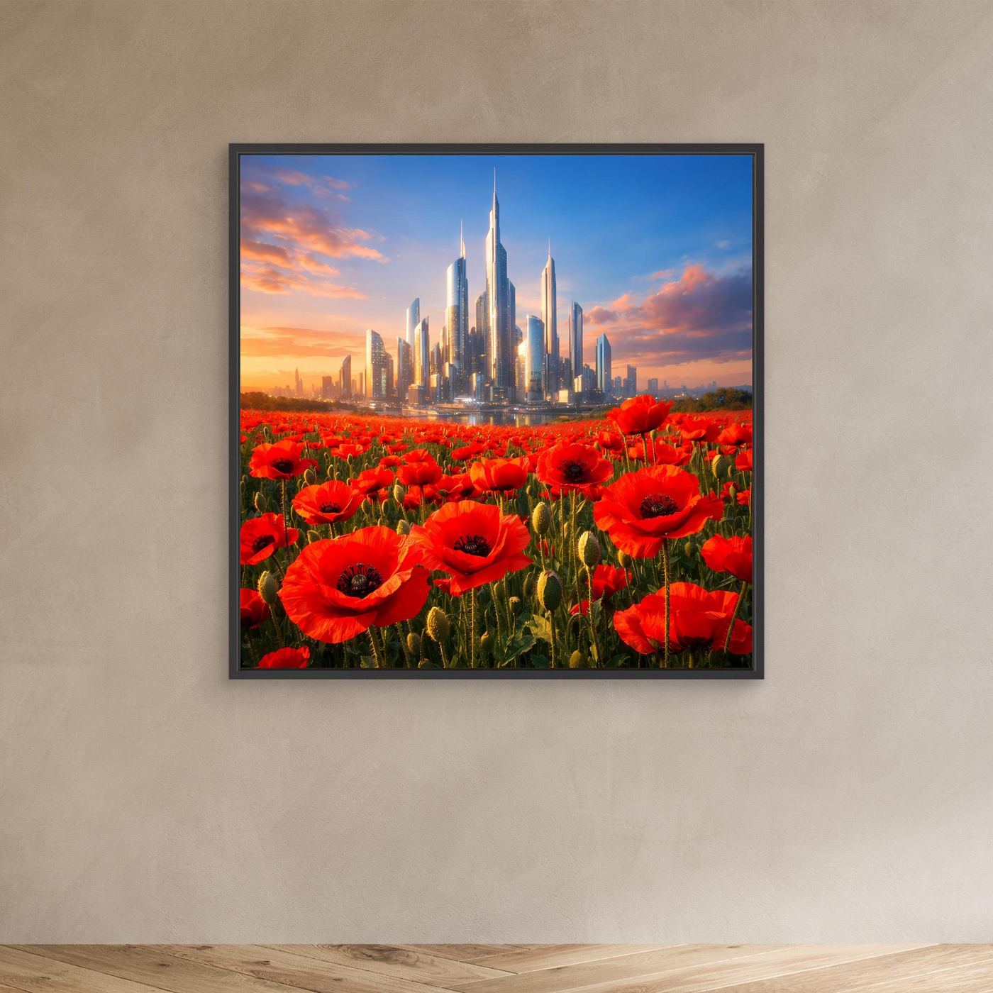 Leinwandbild mit roten Mohnblumen und futuristischer Skyline im schwarzen Rahmen
