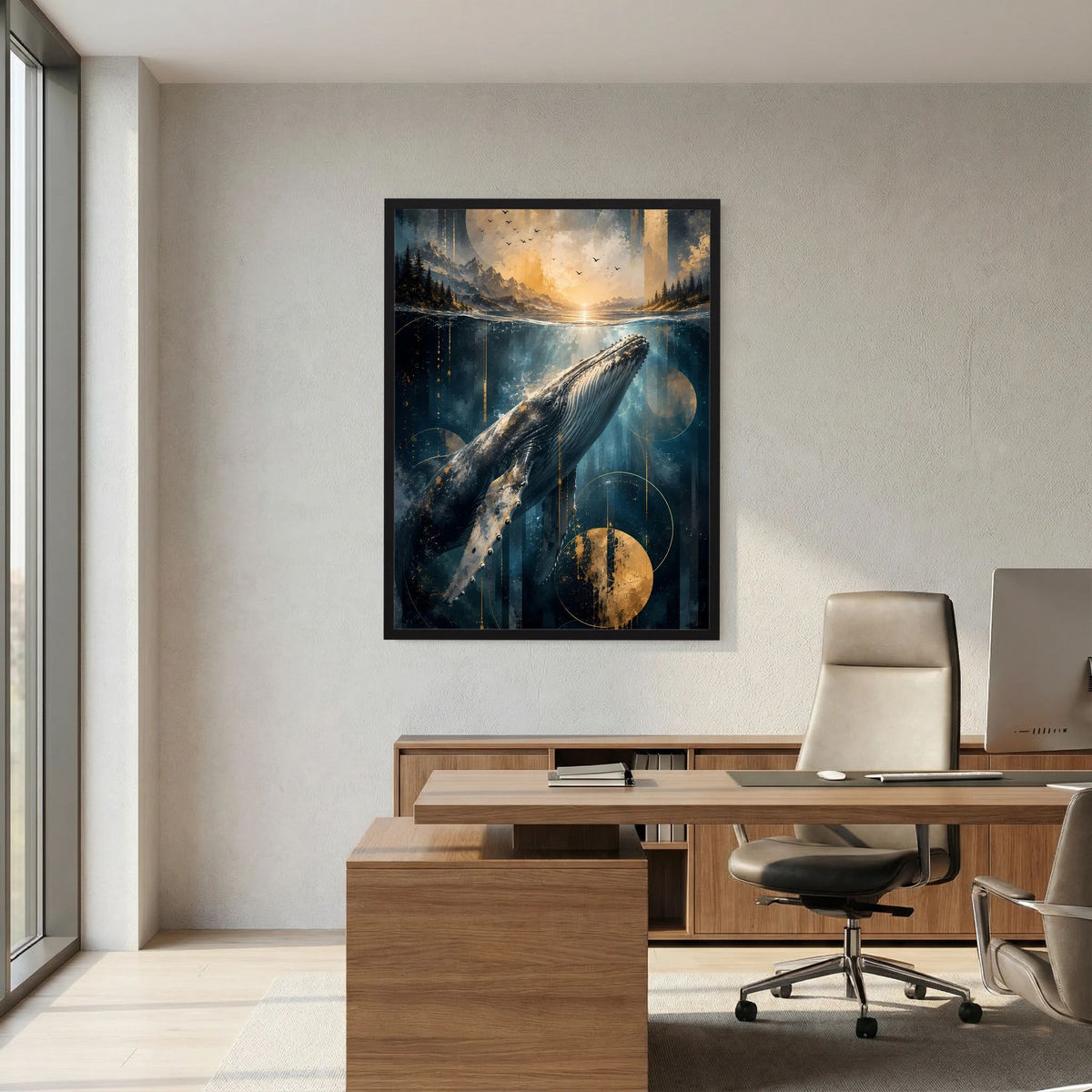 Gerahmtes Hochformat-Poster: Pottwal unter Wasser, blau-goldene Landschaft