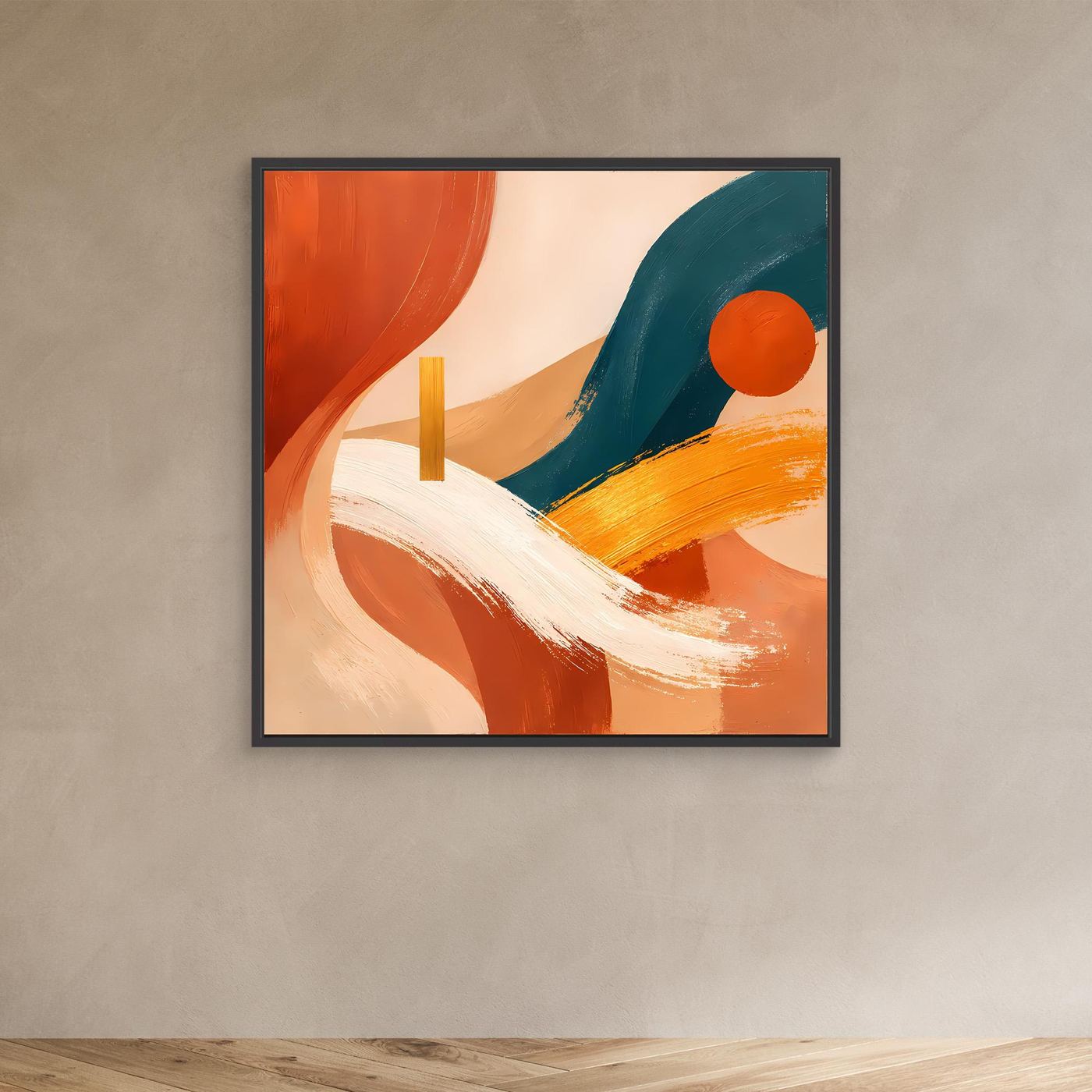 Abstraktes Wandbild auf Leinwand mit dunklem Rahmen; Orange-Kreis und Pinselstriche