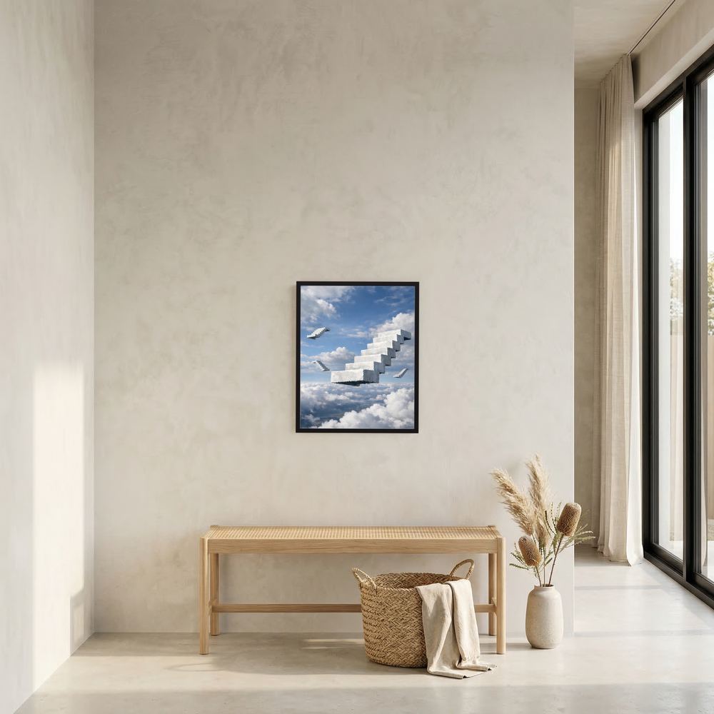 Gerahmtes Poster mit schwebenden weißen Treppen über Wolken vor heller Wand