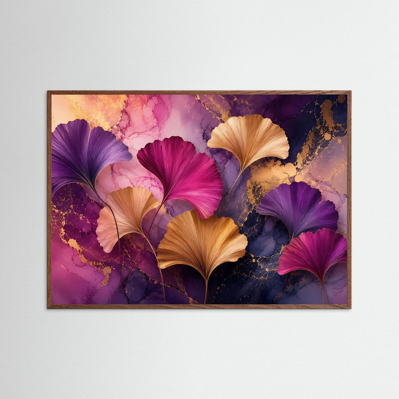 Ginkgo-Blätter in Gold, Violett & Magenta | Abstrakte botanische Wandkunst