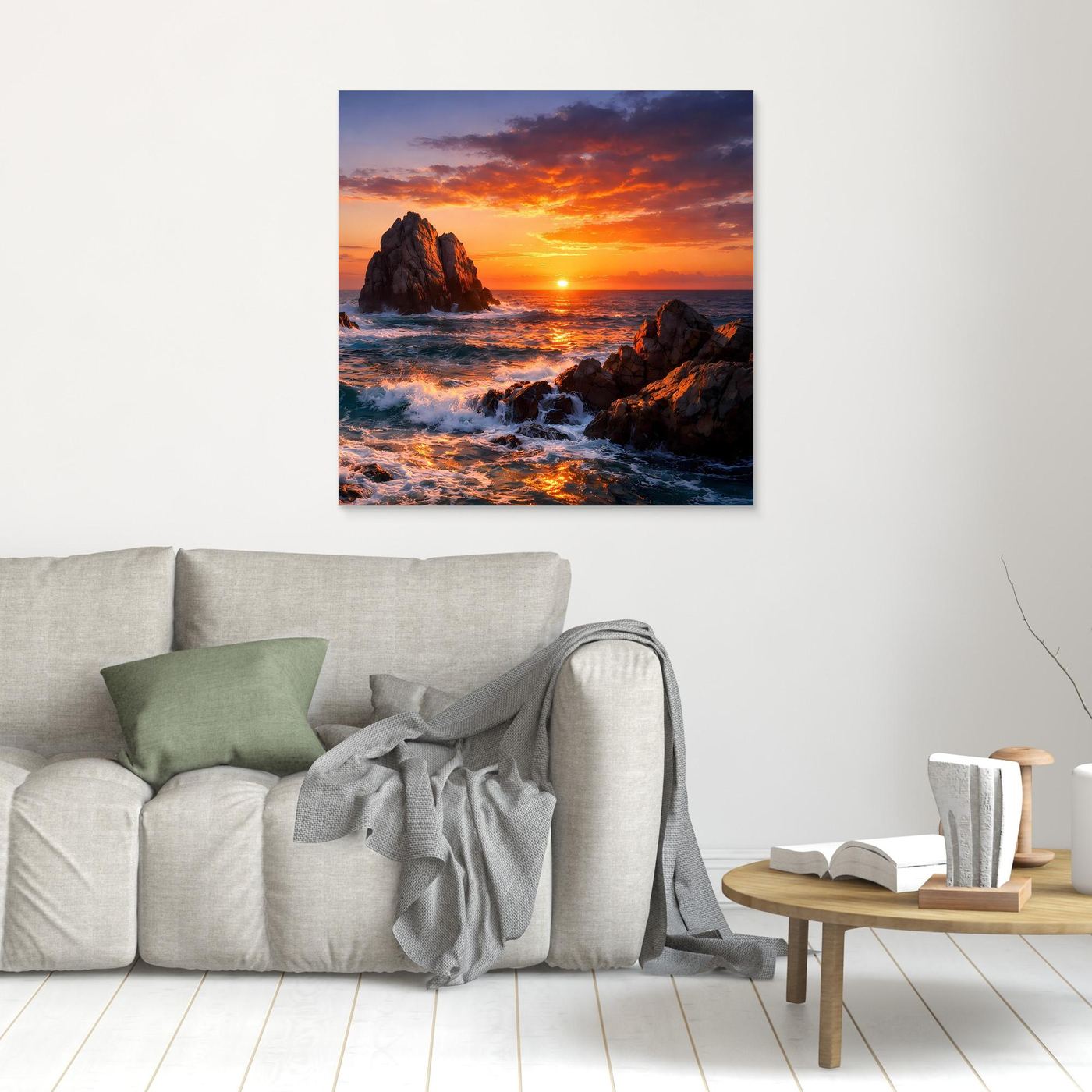 Kleines Leinwandbild mit Sonnenuntergang am Meer, Felsen und Wellen, ohne Rahmen