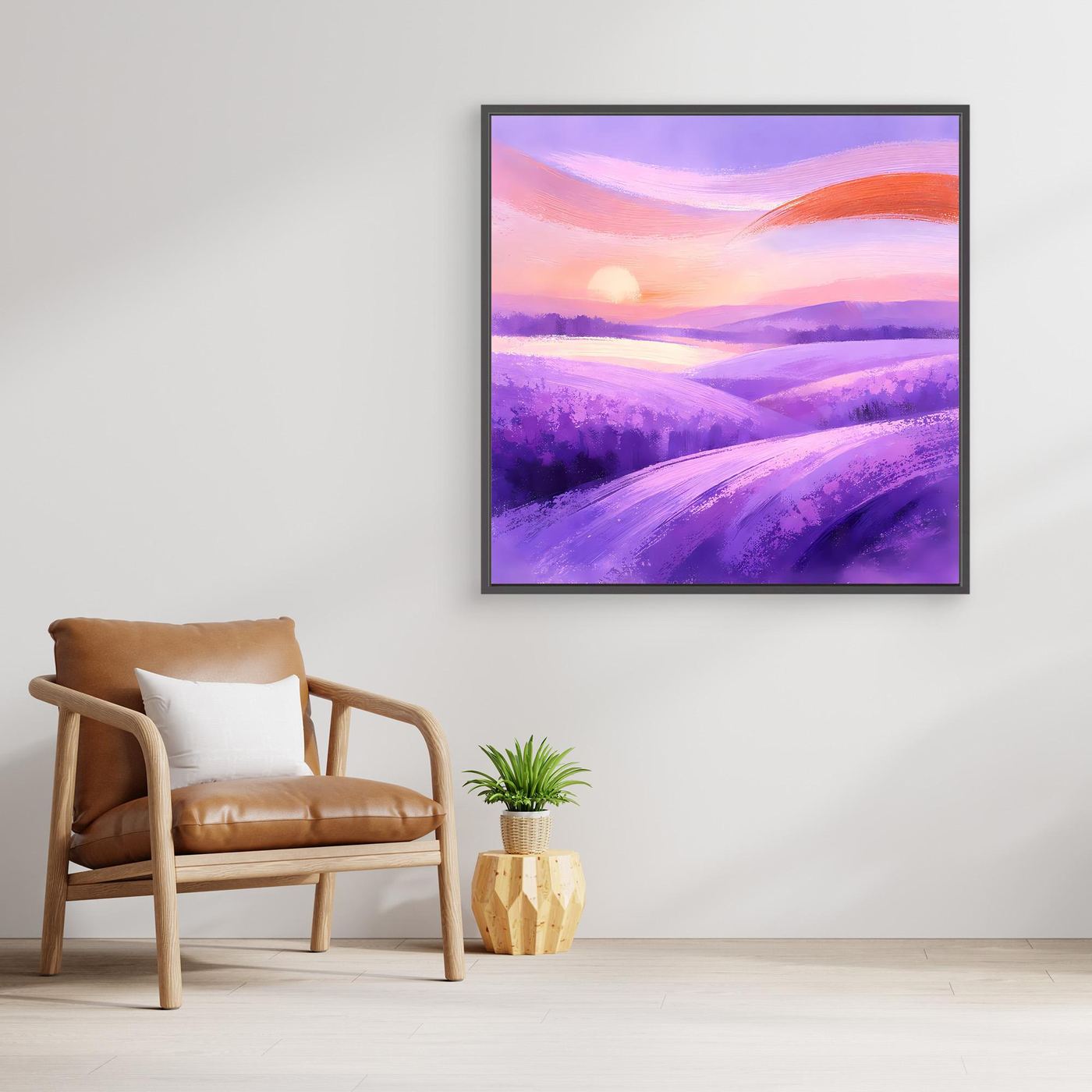 Quadratisches Leinwandbild mit dunklem Rahmen, Lavendelfeld in Violett und Orange