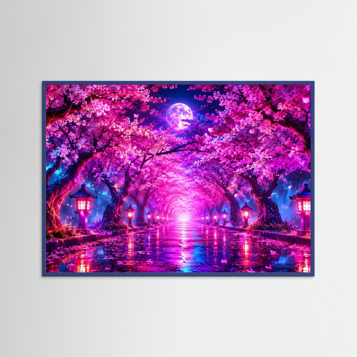 Kirschblüten Allee Wandbild Neon | Japan Poster Sakura Nacht | Leuchtender Vollmond | Fantasy Landschaft | Moderne Leinwand Wandkunst
