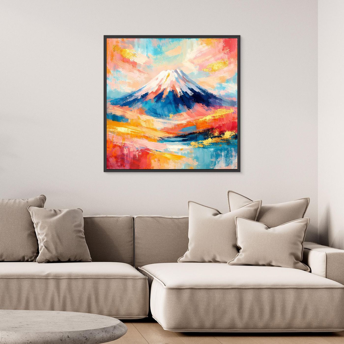 Leinwandbild mit abstraktem Mount-Fuji, farbige Berglandschaft, schwarzer Rahmen