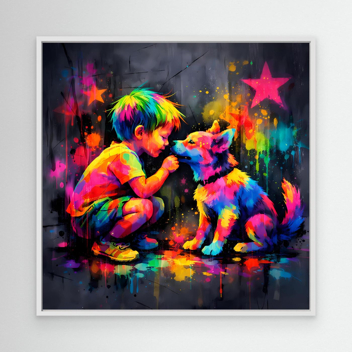 Leinwandbild im weißen Rahmen: Kind und Hund im bunten Graffiti mit Farbsterne