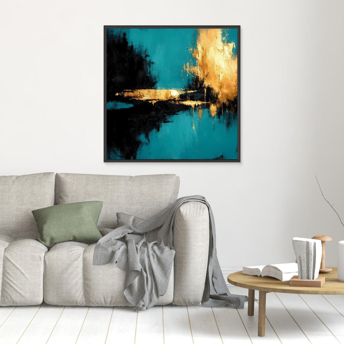 Abstraktes Leinwandbild im schwarzen Rahmen: türkis, dunkle Strukturen und goldene Reflexionen.