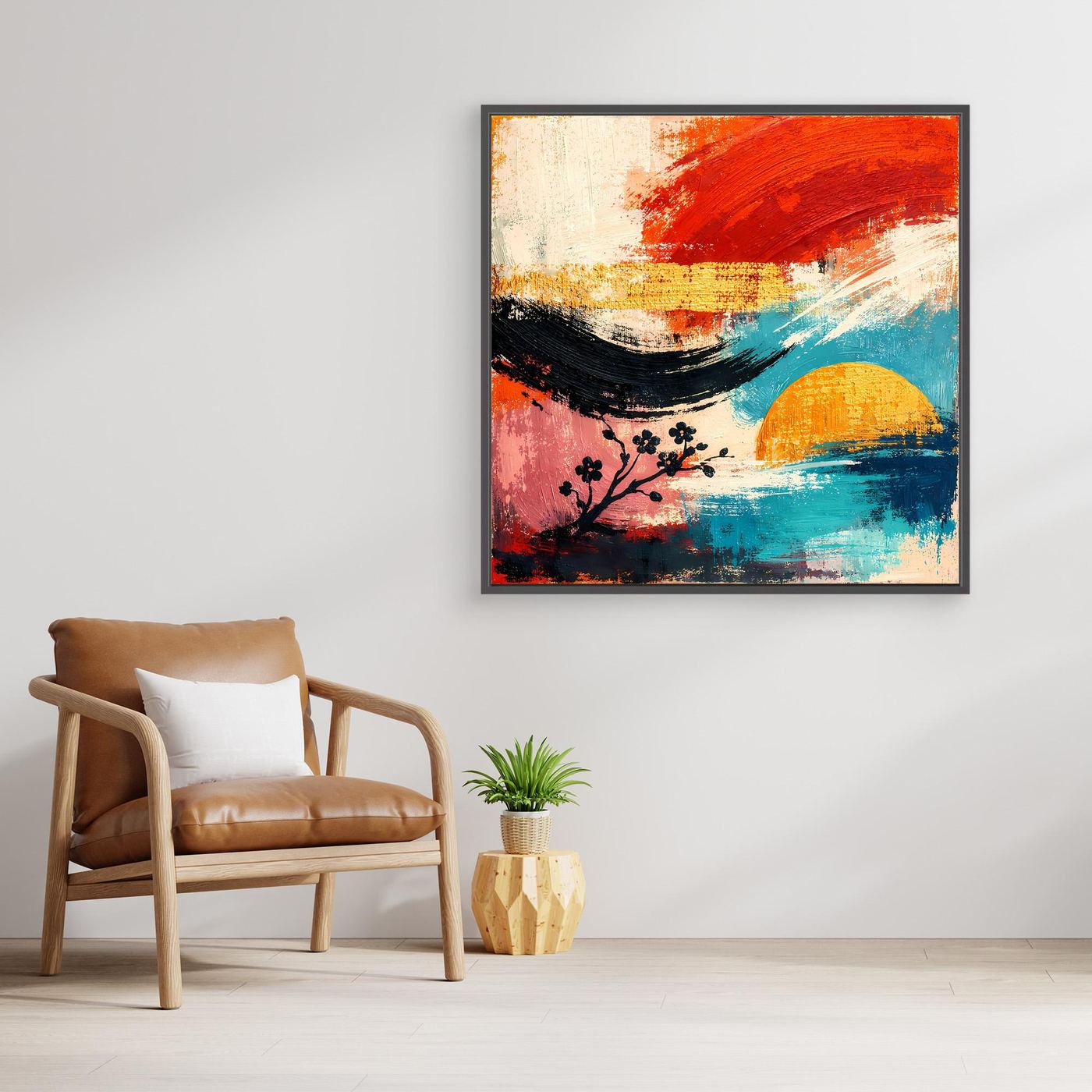 Leinwand-Wandbild mit abstrakter Kirschblütenlandschaft in Rot, Blau und Schwarz, schwarzer Rahmen