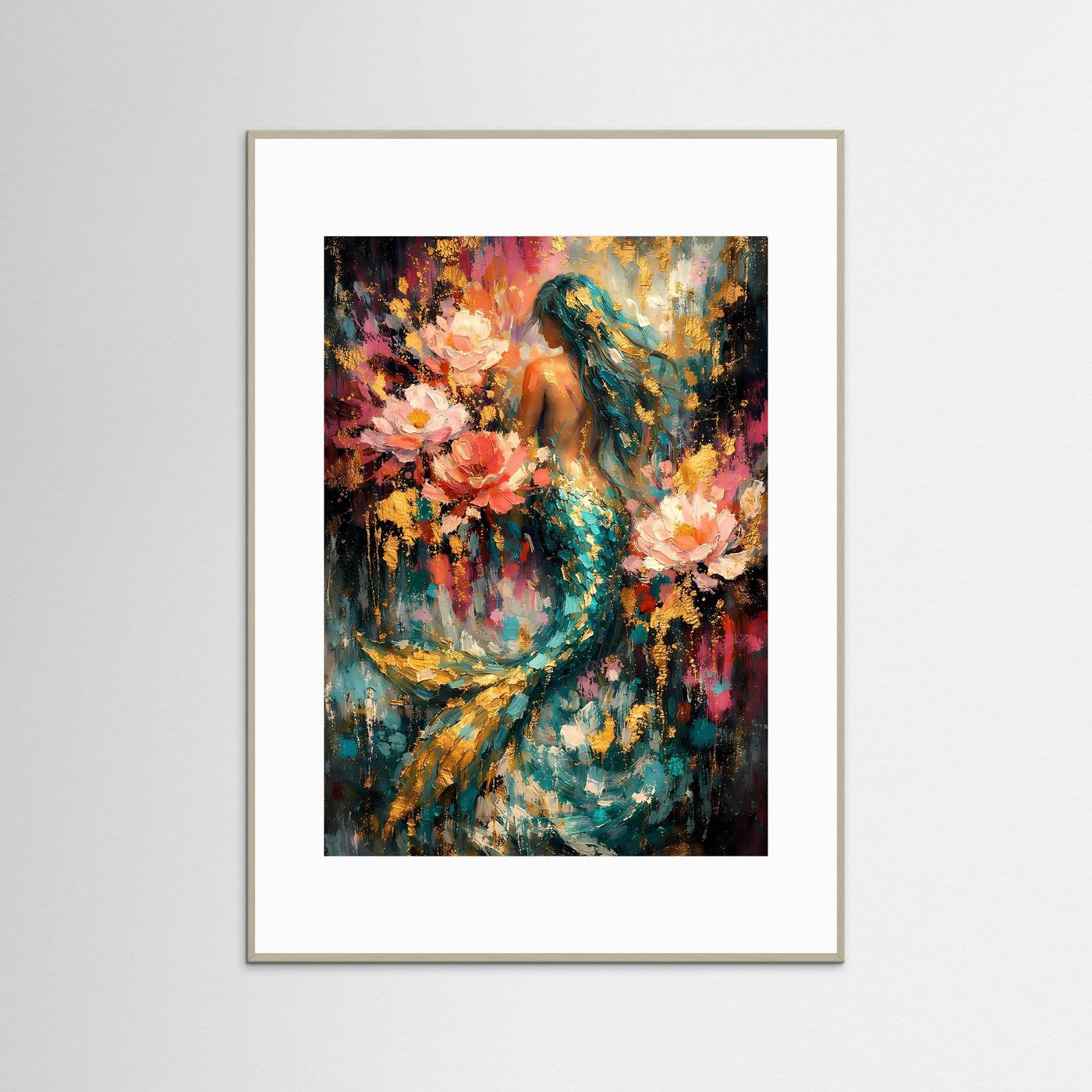 Fantasy-Poster mit Meerjungfrau und Blüten, bunter Abstraktstil, beiger Rahmen