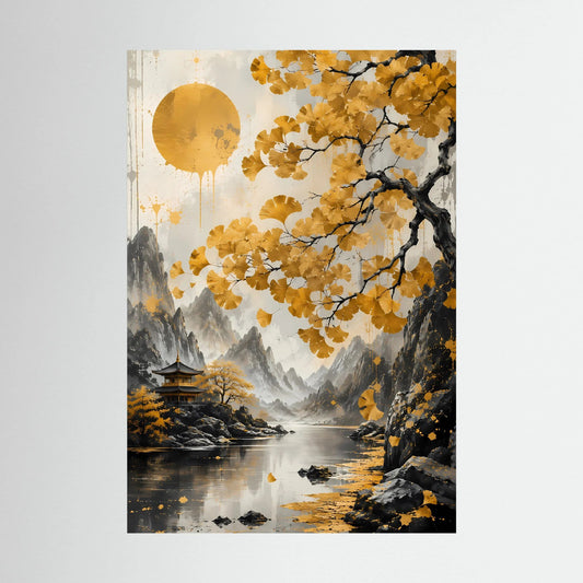 Hochformat-Poster mit asiatischer Landschaft, goldenem Blütenbaum, See und Tempel unter Sonne