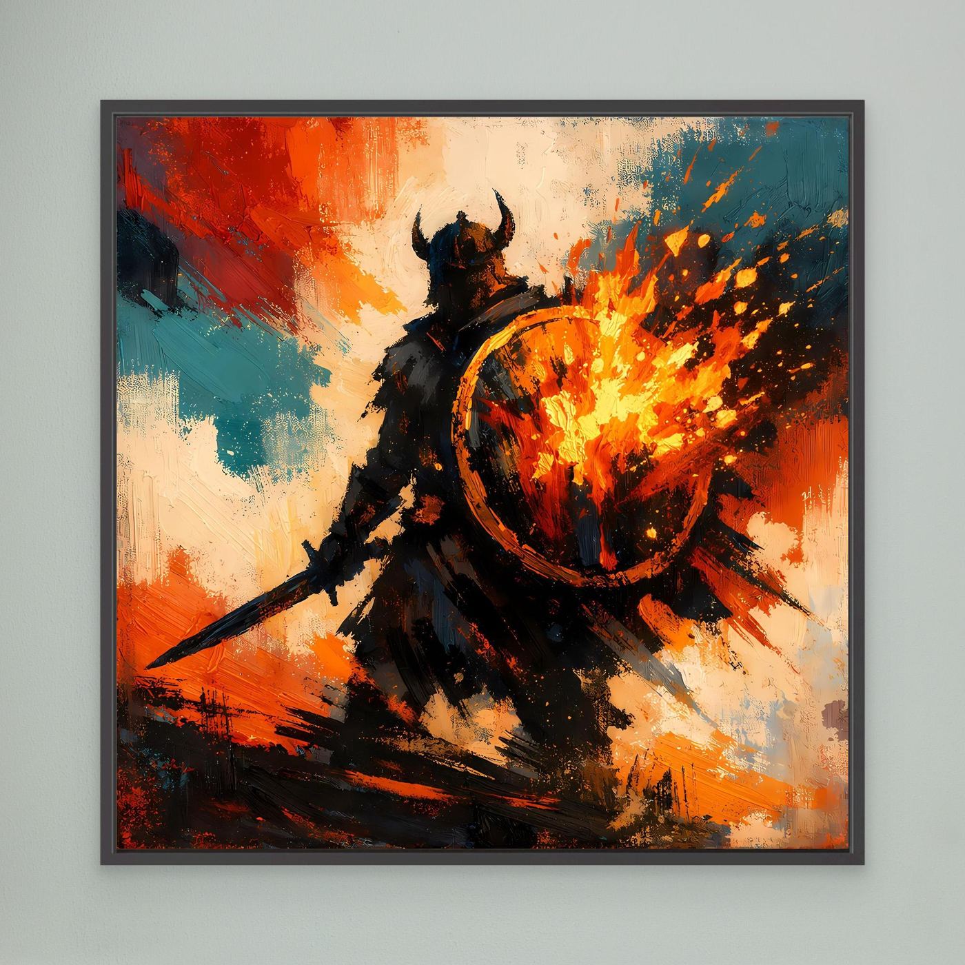 Wandbild auf Leinwand im grauen Rahmen: Wikingerkrieger-Silhouette mit brennendem Schild, leuchtend.