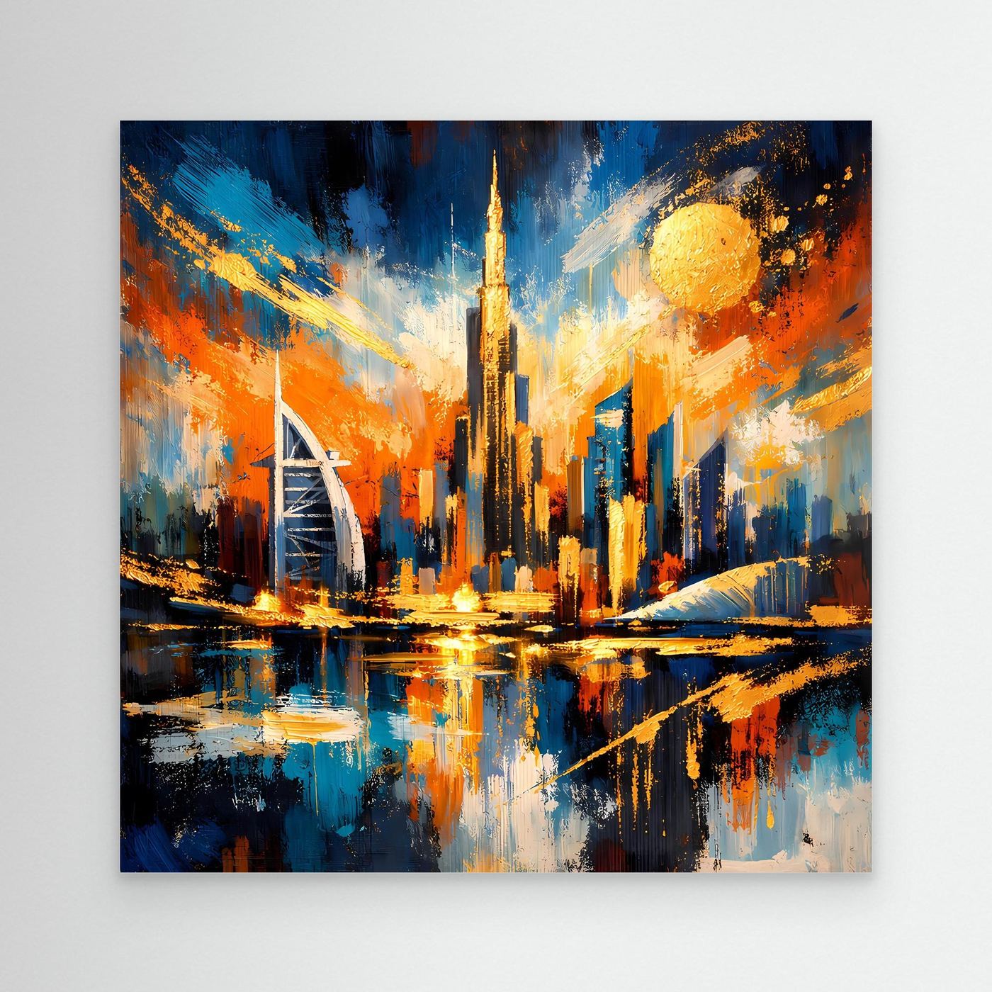 Unrahmiges Leinwandbild mit abstrakter Dubai-Skyline und reflektierendem Wasser.