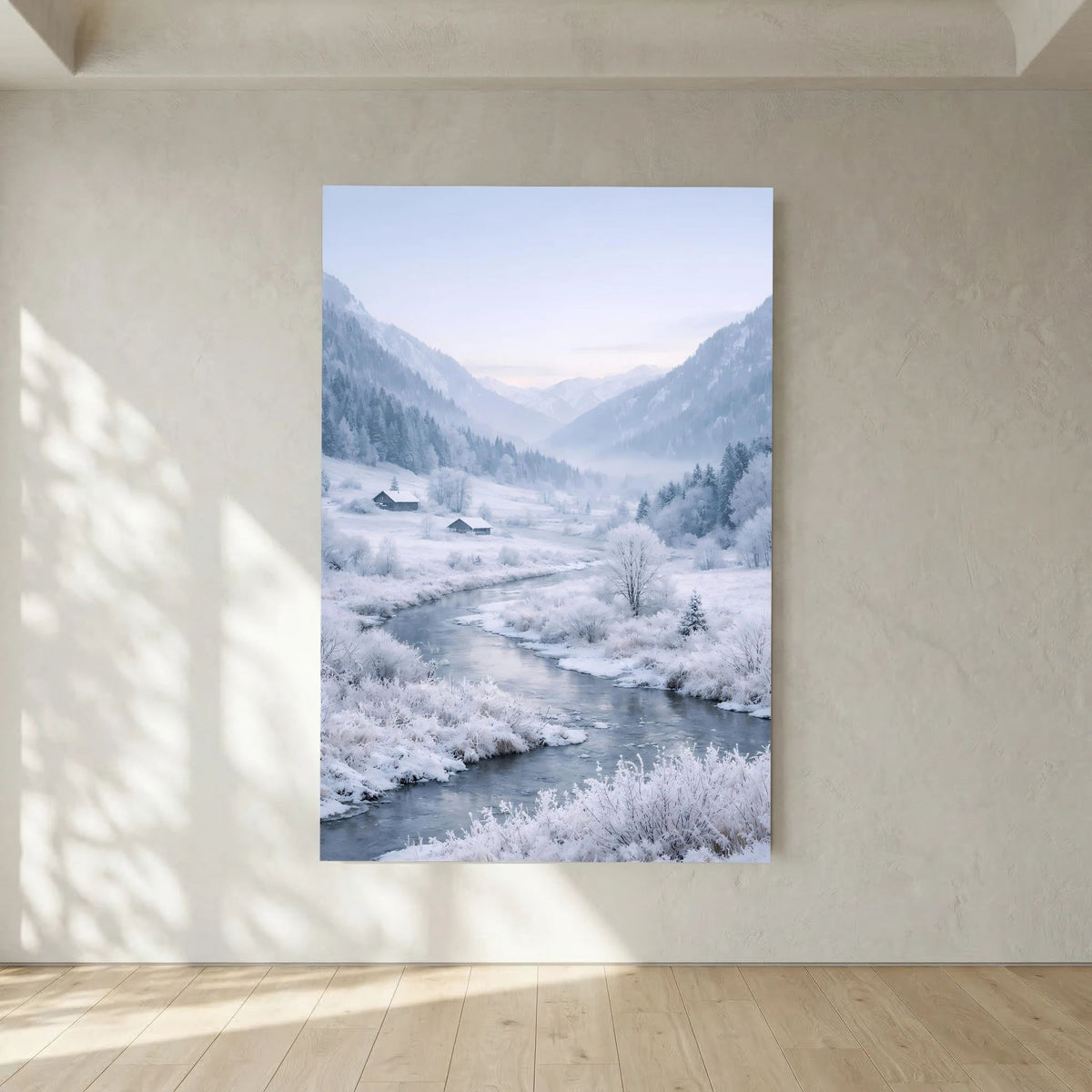 Hochkant-Wandposter mit Wintertal und Fluss, weißer Rand sichtbar