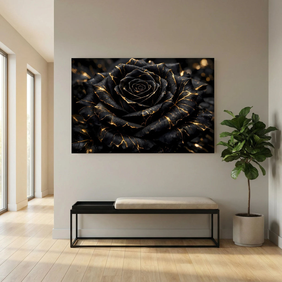 Wandbild schwarzer Rosenkopf mit goldenen Adern, zentriert und klar umrissen