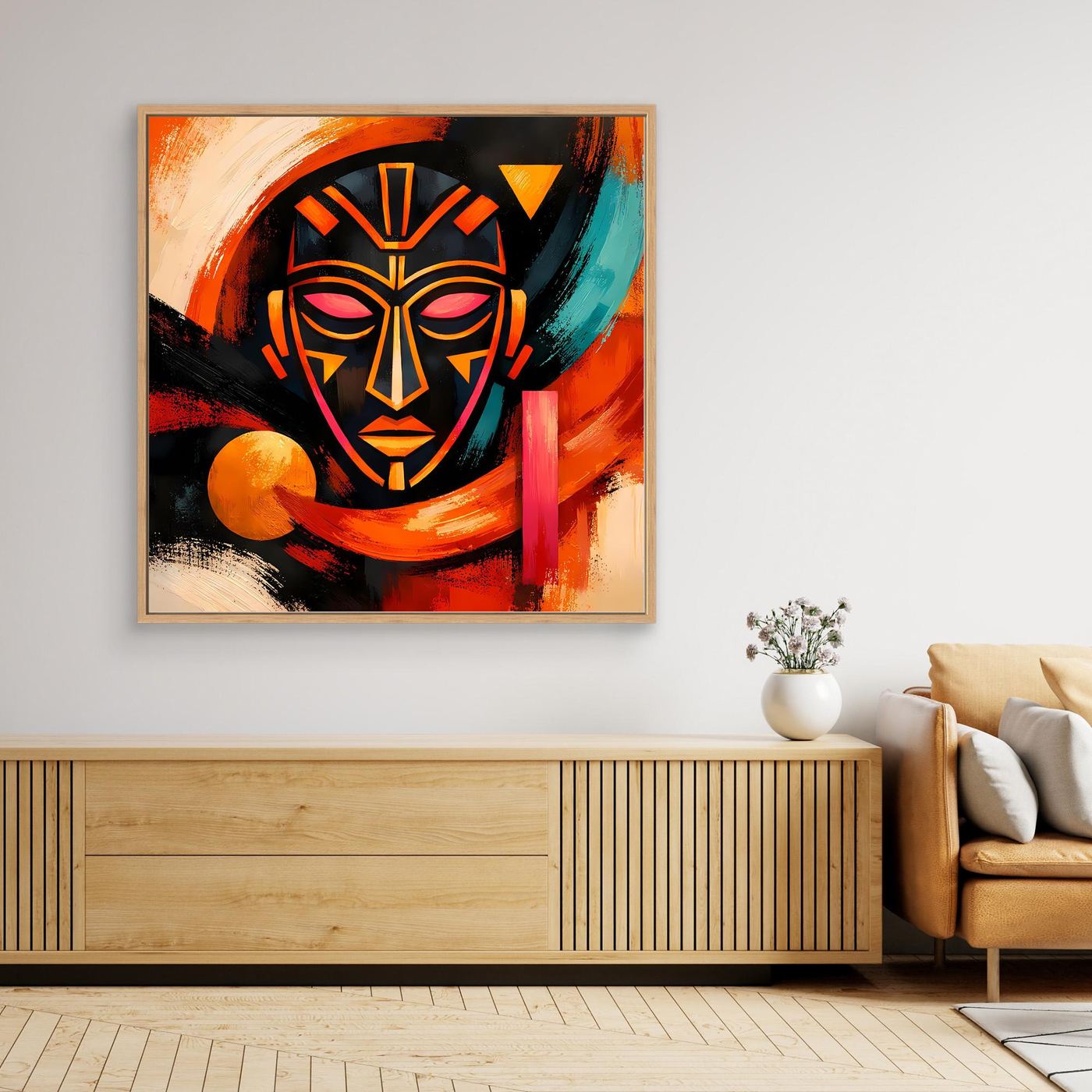 Leinwandbild mit afrikanischer Maske im abstrakten Stil, geometrisches Gesicht in warmem Orange-Rot