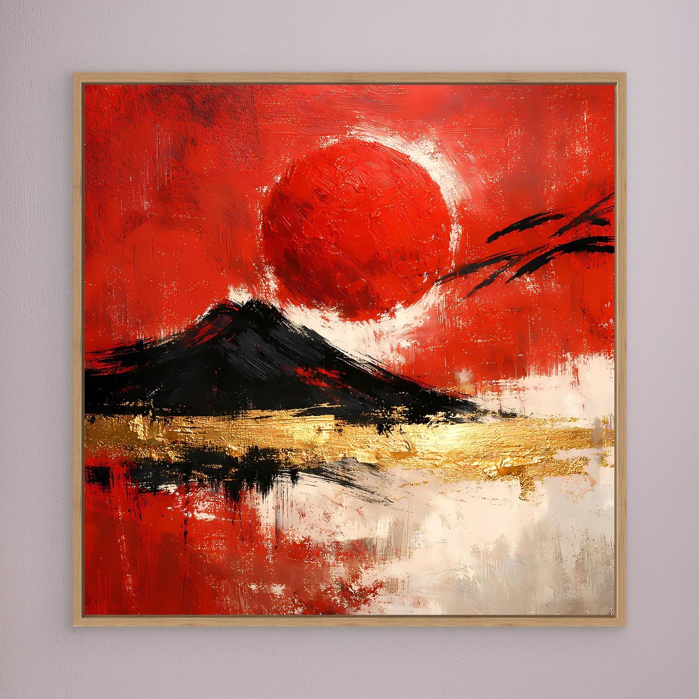 Leinwand Abstraktes Japan Wandbild in Rot und Gold | Modernes Fuji & Rote Sonne Gemälde