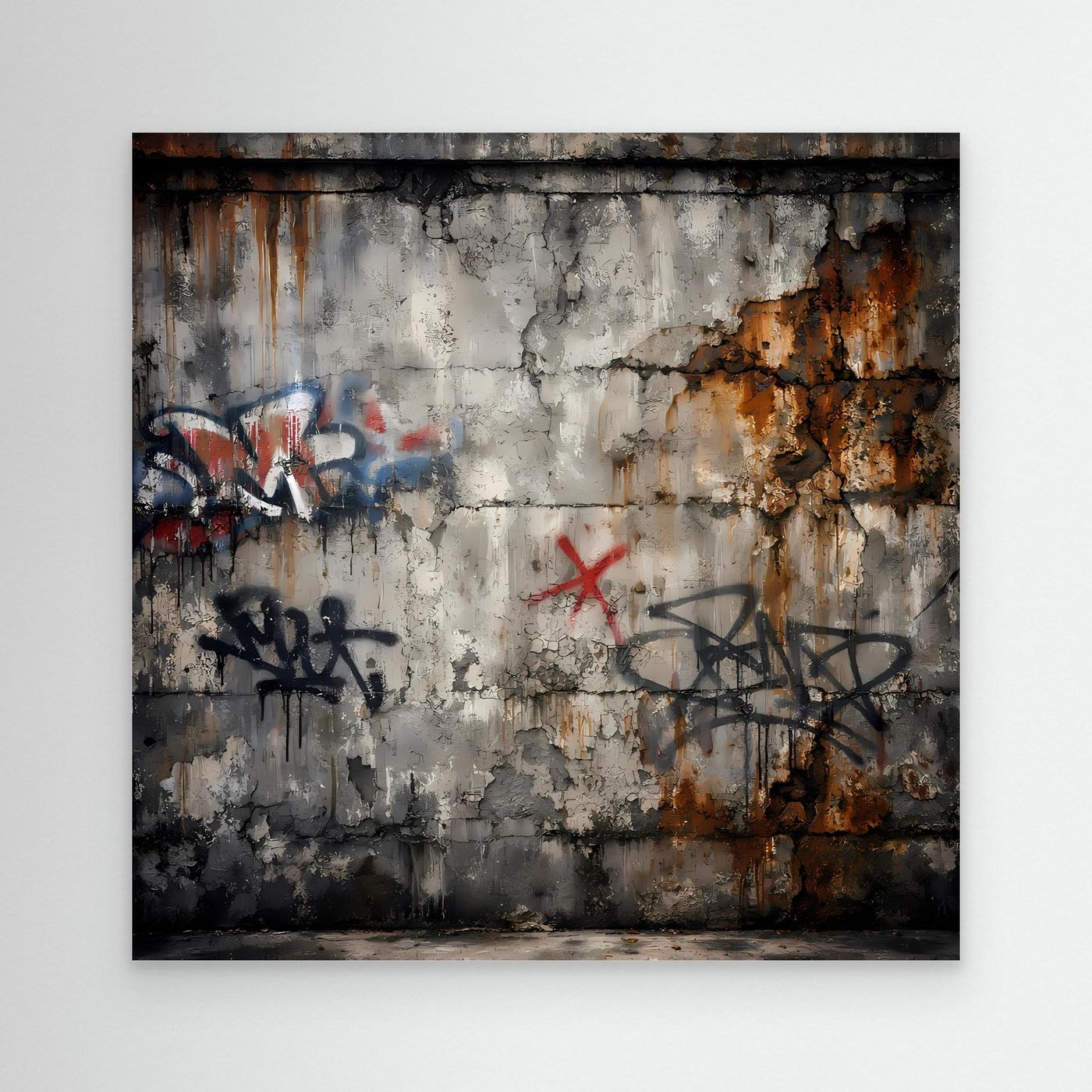 Leinwandbild mit Graffiti auf Betonwand, grau mit rostbraunen Spritzern und roten Akzenten
