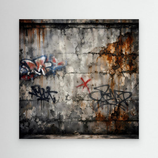 Leinwandbild mit Graffiti auf Betonwand, grau mit rostbraunen Spritzern und roten Akzenten