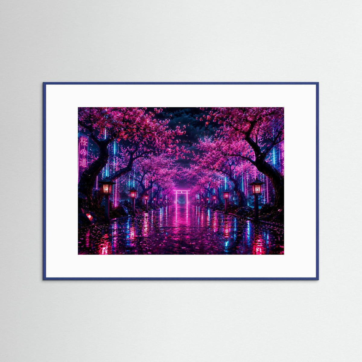 Neonposter mit Kirschblütenallee und Torii-Lichtern im blauen Rahmen