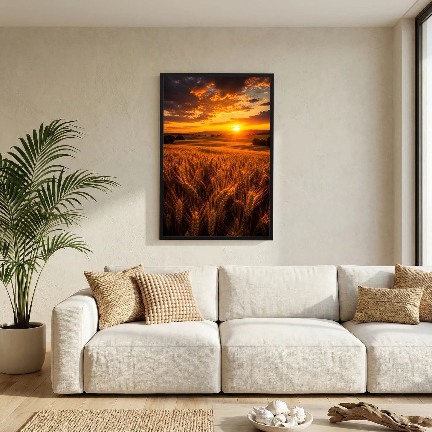 Wandposter im Hochformat: Sonnenuntergang über Weizenfeld, im schwarzen Rahmen