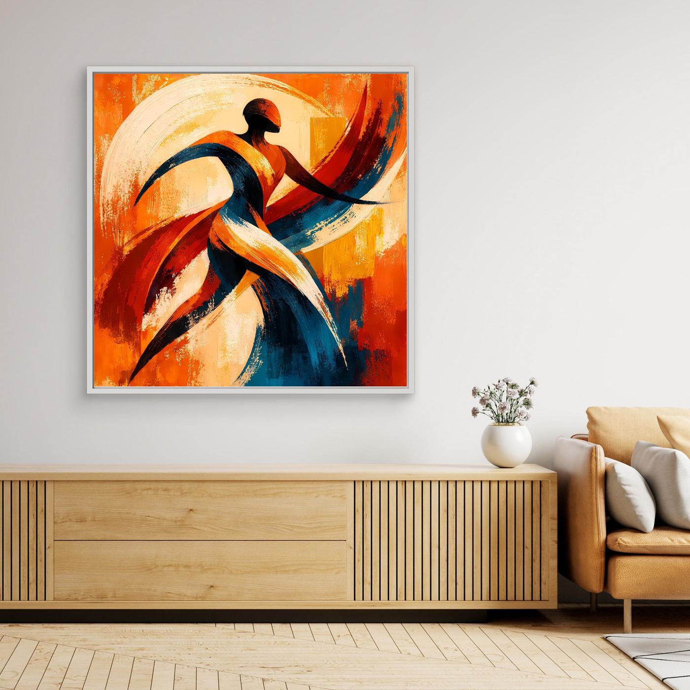Leinwandbild mit Tänzersilhouette im abstrakten Stil, orange-türkis, weißer Rahmen