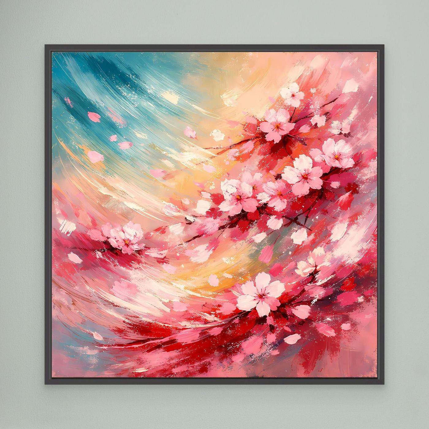 Leinwandbild mit abstrakten Kirschblüten in Pink, Gelb und Blau, schwarz gerahmt