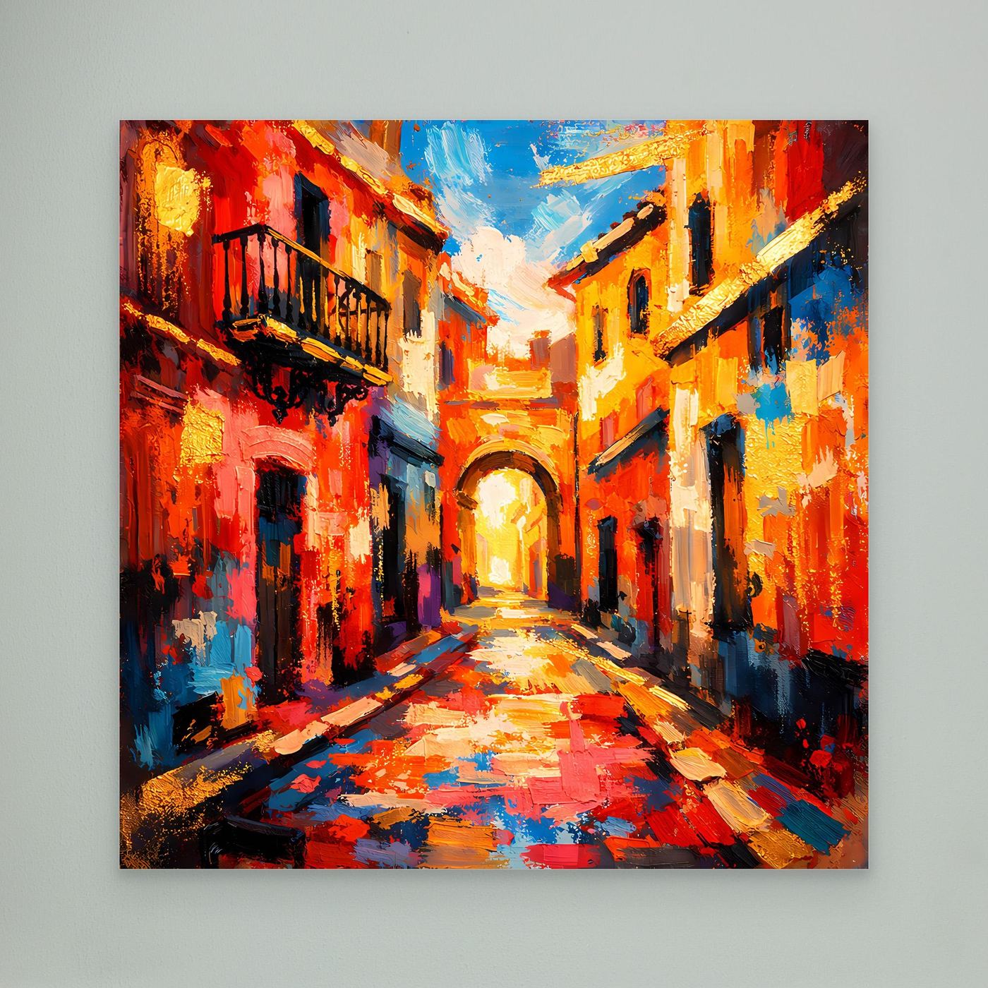 Abstraktes Leinwandbild mediterrane Altstadtgasse mit Bogengang, farbig, ohne Rahmen