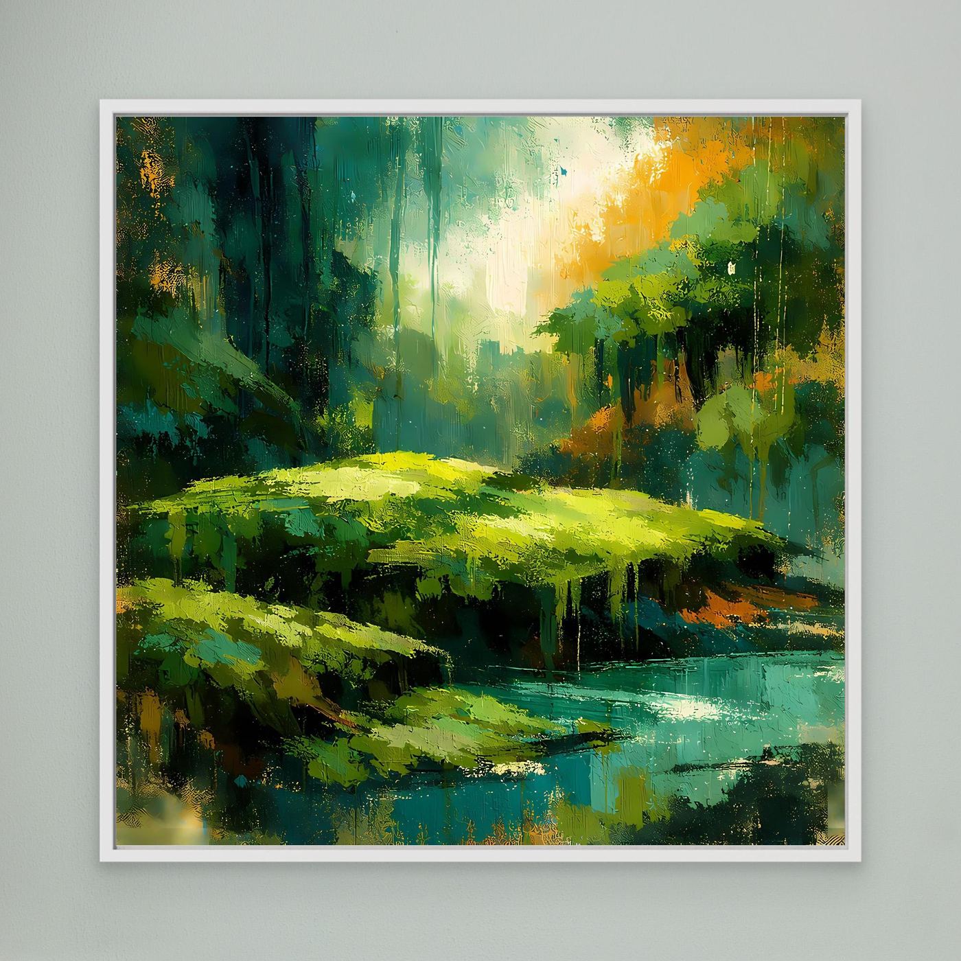 Wandbild mit abstraktem Dschungel und Fluss, grün-gelb-blau, weiß gerahmt