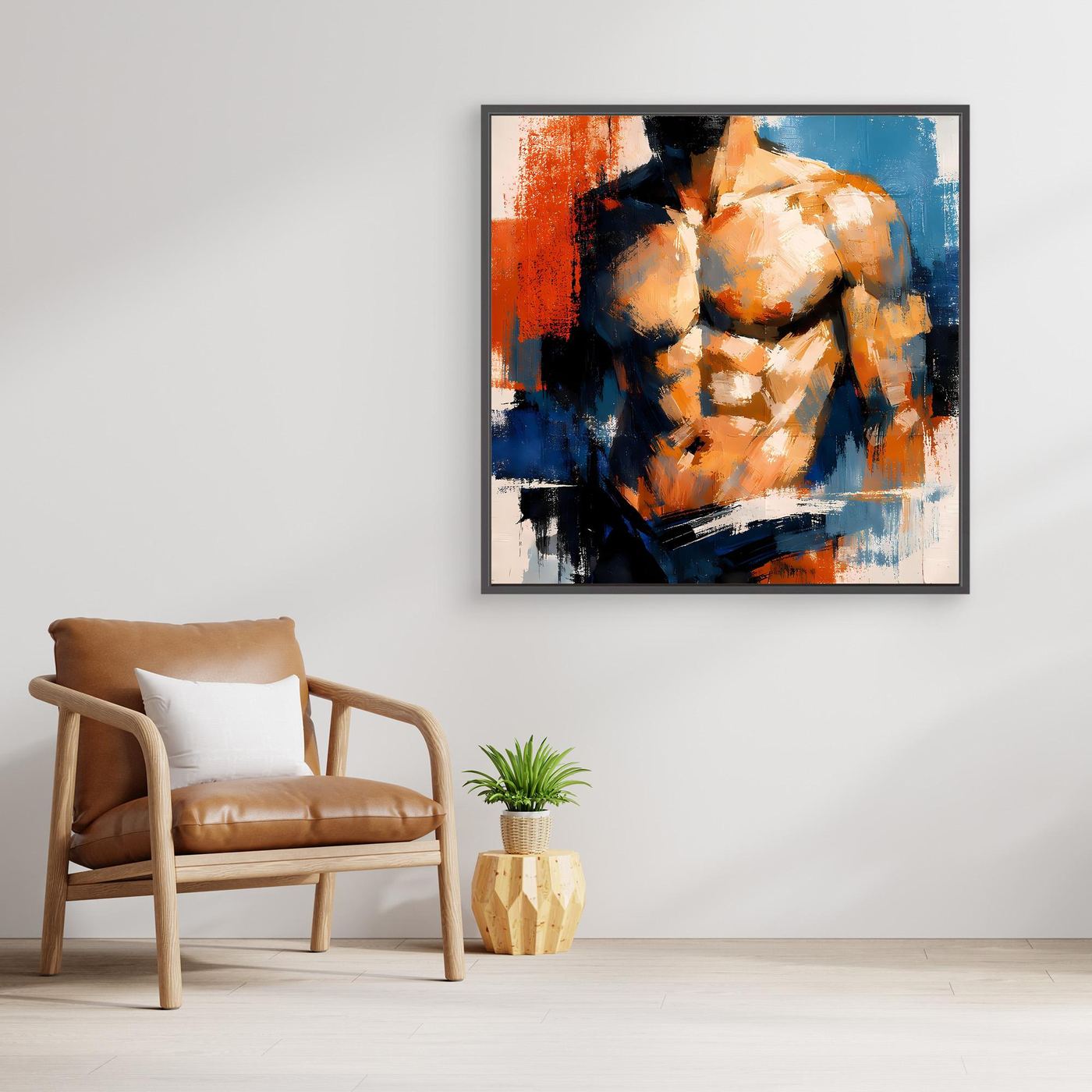 Abstract canvas wall art of a muscular male torso, orange and blue brushstrokes, black frame